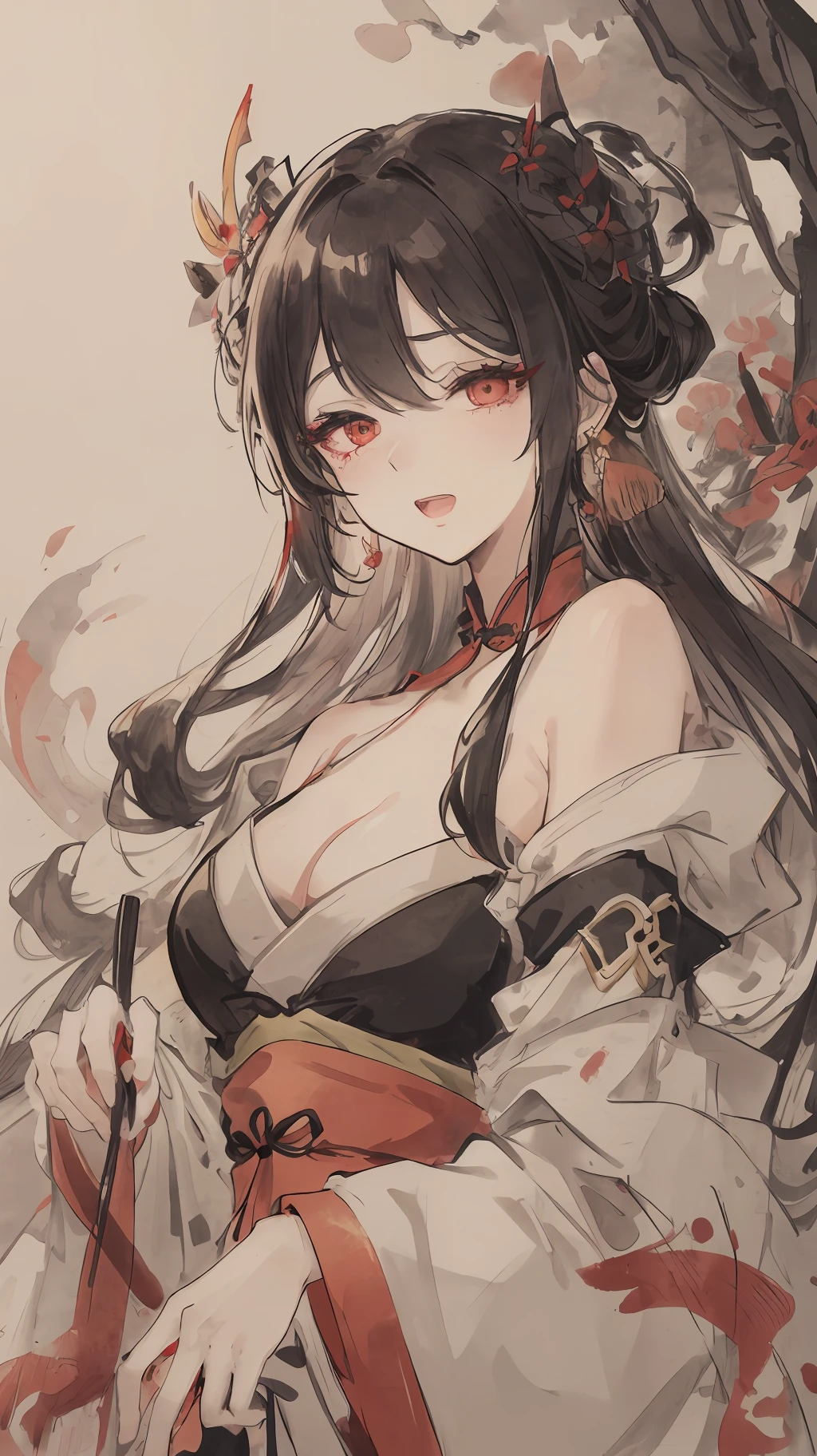 ((High resolution)), (Open Mouth), (Bust), (Top Quality), ((Super Fine)) (Super Fine CG)), ((8k_wallpaper)), Dynamic Angle, Floating, (Eyes with Beautiful Details), Very Delicate and Beautiful Girl, Upper Body, Ink Painting, (Chinese Style), Dark Eyes, Burning, Detail Light. from_low, (black hair), (red spider) lily: 1.33), aqua eye, (hair flower: 1.3), Bloom, single, starry sky, hair accessories, earrings, jewelry, messy hair, bare shoulders, half-closed eyes, bloom, (men), (Hanfu: 1.3), (Medium breasts): 1.2), (Eyeshadow, Red Eyeliner: 1.15), (Eyeshadow, Red Eyeliner: 1.15), (Eyeshadow, Red Eyeliner: 1.15), (Visible Eyes Through Hair: 1.2), (Solo Exhibition), Red Moon