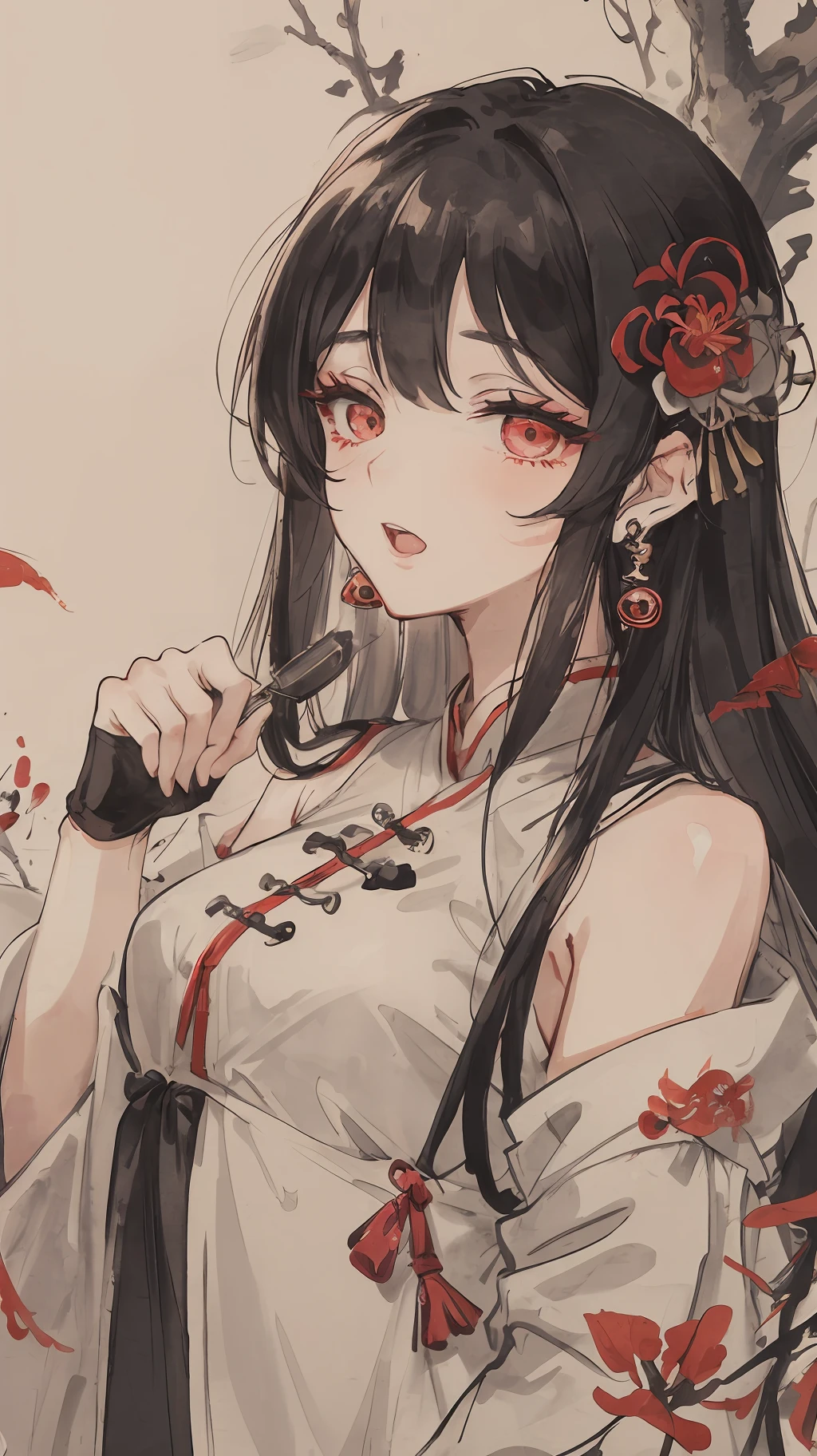 ((High resolution)), (Open Mouth), (Bust), (Top Quality), ((Super Fine)) (Super Fine CG)), ((8k_wallpaper)), Dynamic Angle, Floating, (Eyes with Beautiful Details), Very Delicate and Beautiful Girl, Upper Body, Ink Painting, (Chinese Style), Dark Eyes, Burning, Detail Light. from_low, (black hair), (red spider) lily: 1.33), aqua eye, (hair flower: 1.3), Bloom, single, starry sky, hair accessories, earrings, jewelry, messy hair, bare shoulders, half-closed eyes, bloom, (men), (Hanfu: 1.3), (Medium breasts): 1.2), (Eyeshadow, Red Eyeliner: 1.15), (Eyeshadow, Red Eyeliner: 1.15), (Eyeshadow, Red Eyeliner: 1.15), (Visible Eyes Through Hair: 1.2), (Solo Exhibition), Red Moon