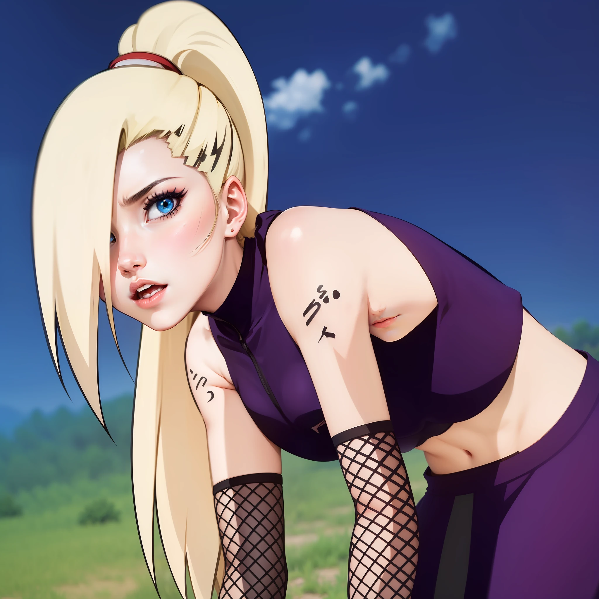 ((Best Quality: 1.5)), ((Masterpiece: 1.2)), ((Realistic Cartoon: 1.3)), ((Perfect Character: 1.5)) (masterpiece: 1.2) 1girl, a closeup of a person in a purple top and black gloves, INO of naruto, inspired by INO, as an anime character, Ino Yamanaka of naruto, anime character, female anime character, anime style, anime girl called INO, Anime girl from the future, Ino Yamanaka in slug sage mode, blue eyes, long blonde hair. 1 girl, 1girl
