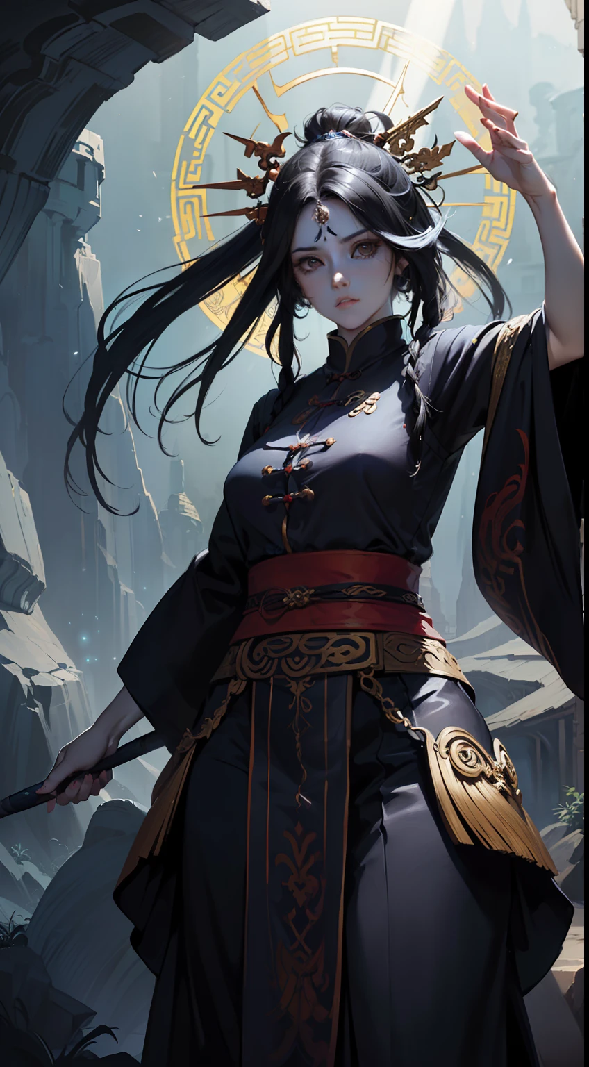 ((fantasy:1.2), (mythical:1.5), (Chinese Taoism), (expressive character), (dramatic pose), (ethereal lighting), (mystical atmosphere), (intricate details), (elaborate hair design), (flowing robes), (magical symbols), (ancient artifacts), (divine glow), (spiritual essence), (exotic vegetation), (evocative expression), (bold brushstrokes), (epic proportions))