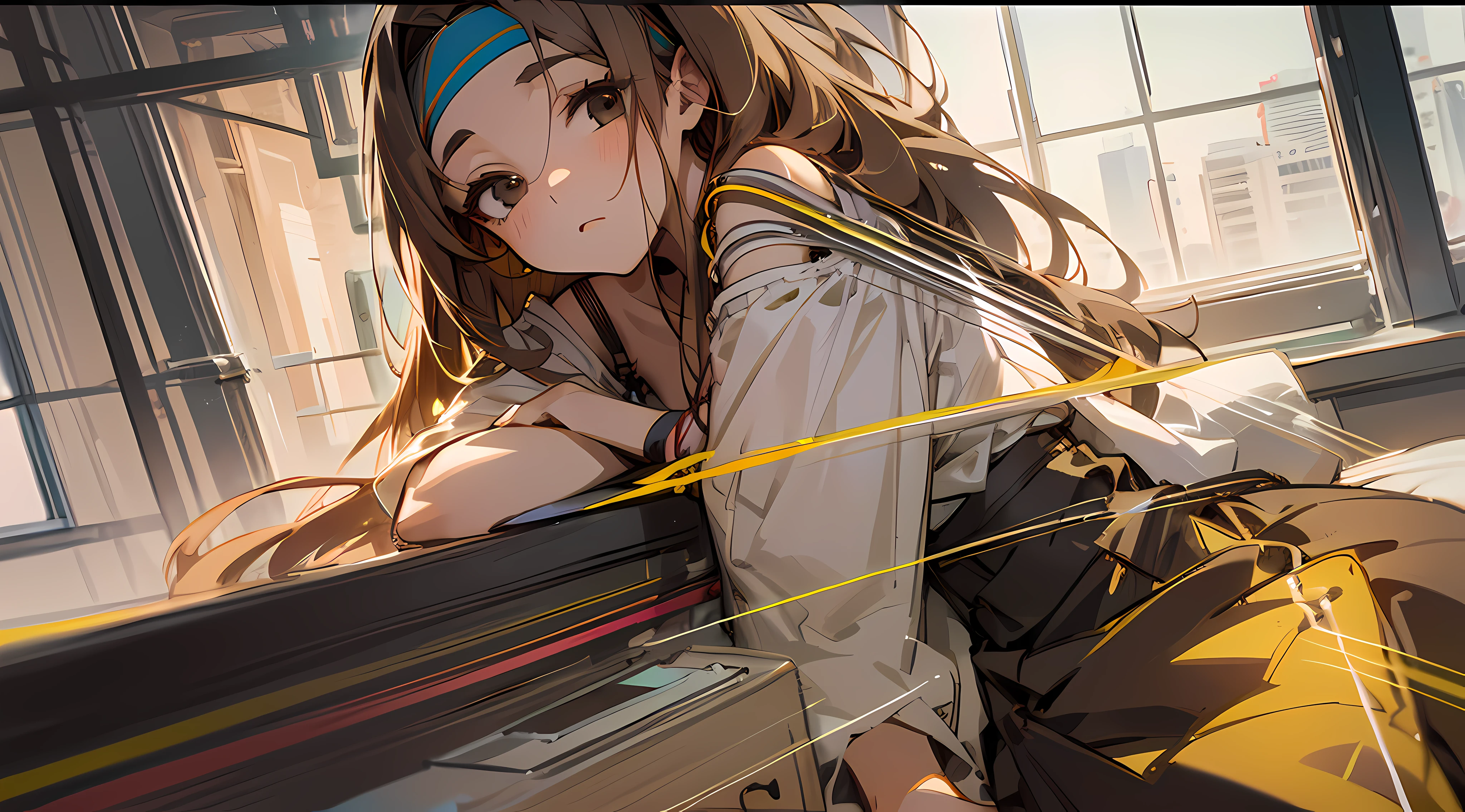Detailed illustration, masterpiece, solo, low angle, ((drawn with very thin lines)), vertical elliptical face, young beauty, white oversized tunic, ((gathered on the chest)), very ruddy cheeks, long brown hair, wind, straight hair, full body, expressionless, eyes open, black eyes, slightly visible bra, long skirt, yellow wide headband, knee alignment, legs shoulder-width apart, By the window of the office, sitting at the desk, gazing, the street of the middle building outside the window,