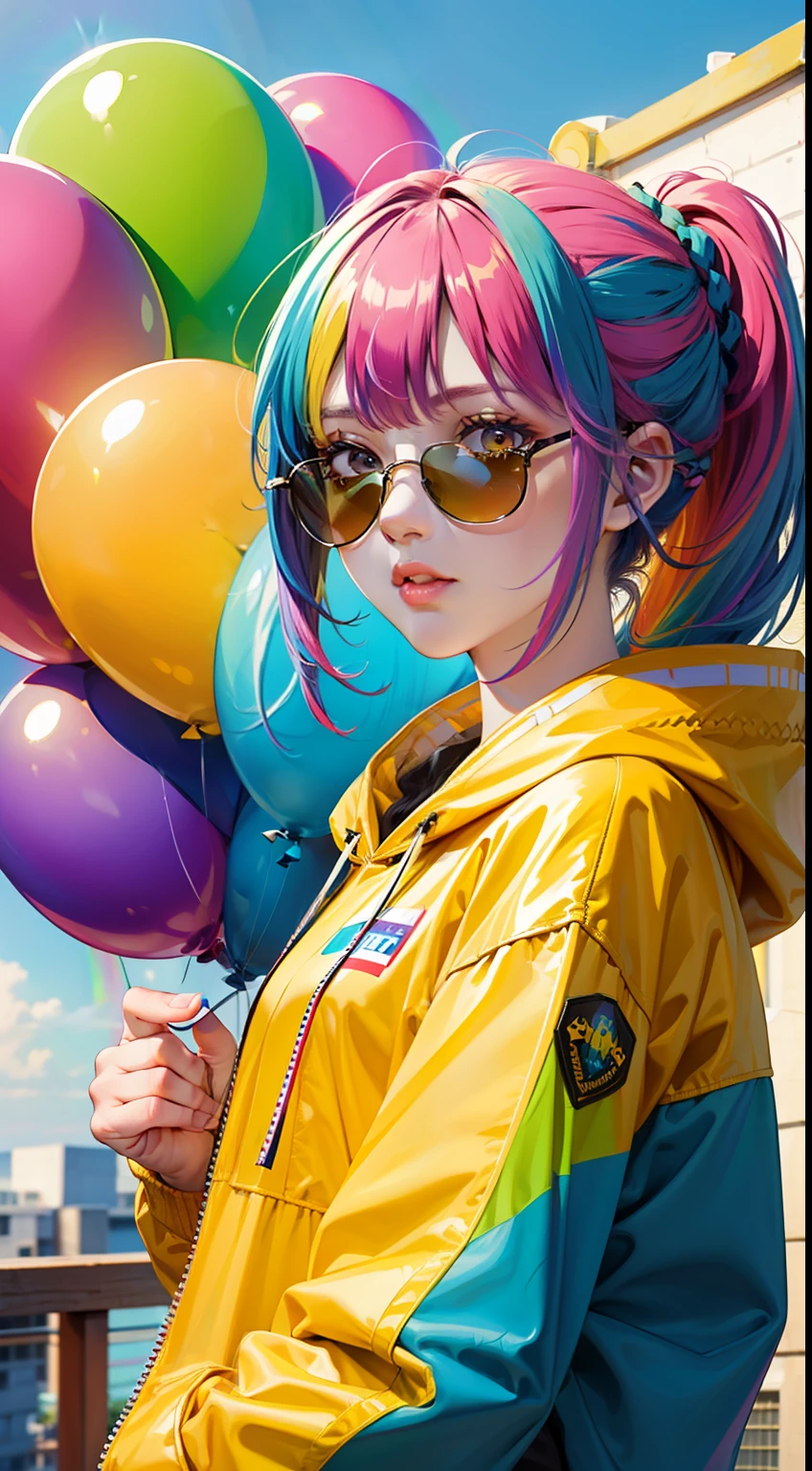 masterpiece, best quality,
1 girl, pretty and cute, (rainbow color Hair,colorful hair:1.4), wearing blue and purple sunglasses, yellow jacket with white pattern, white sweater, many colored balloons, doll face, ponytail braid, perfect detail eyes, delicate face, perfect cg, HD quality, colored balloons, sky