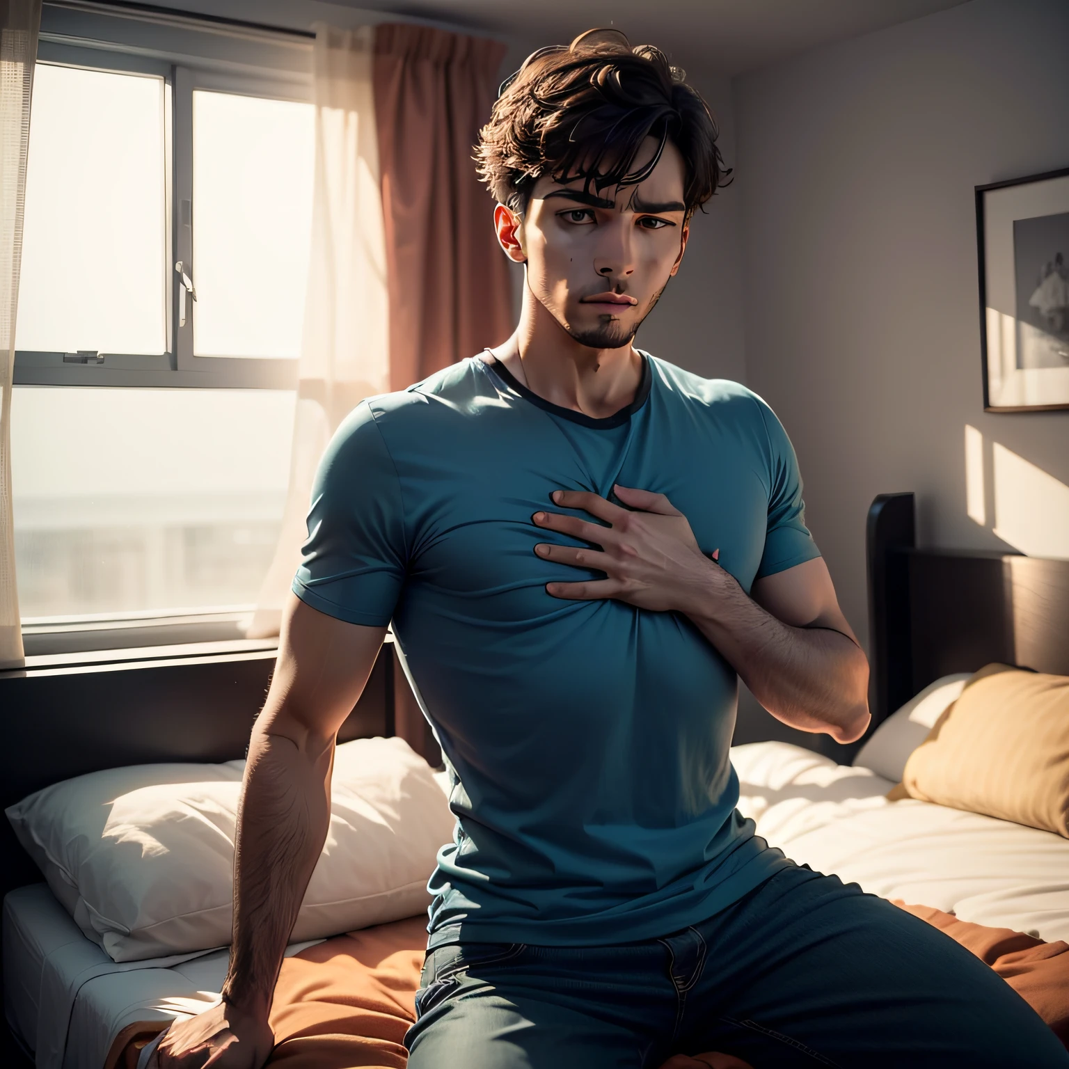 Man sitting on top of the bed in his room with one hand on his chest with the feeling that he is going to have an anxiety attack