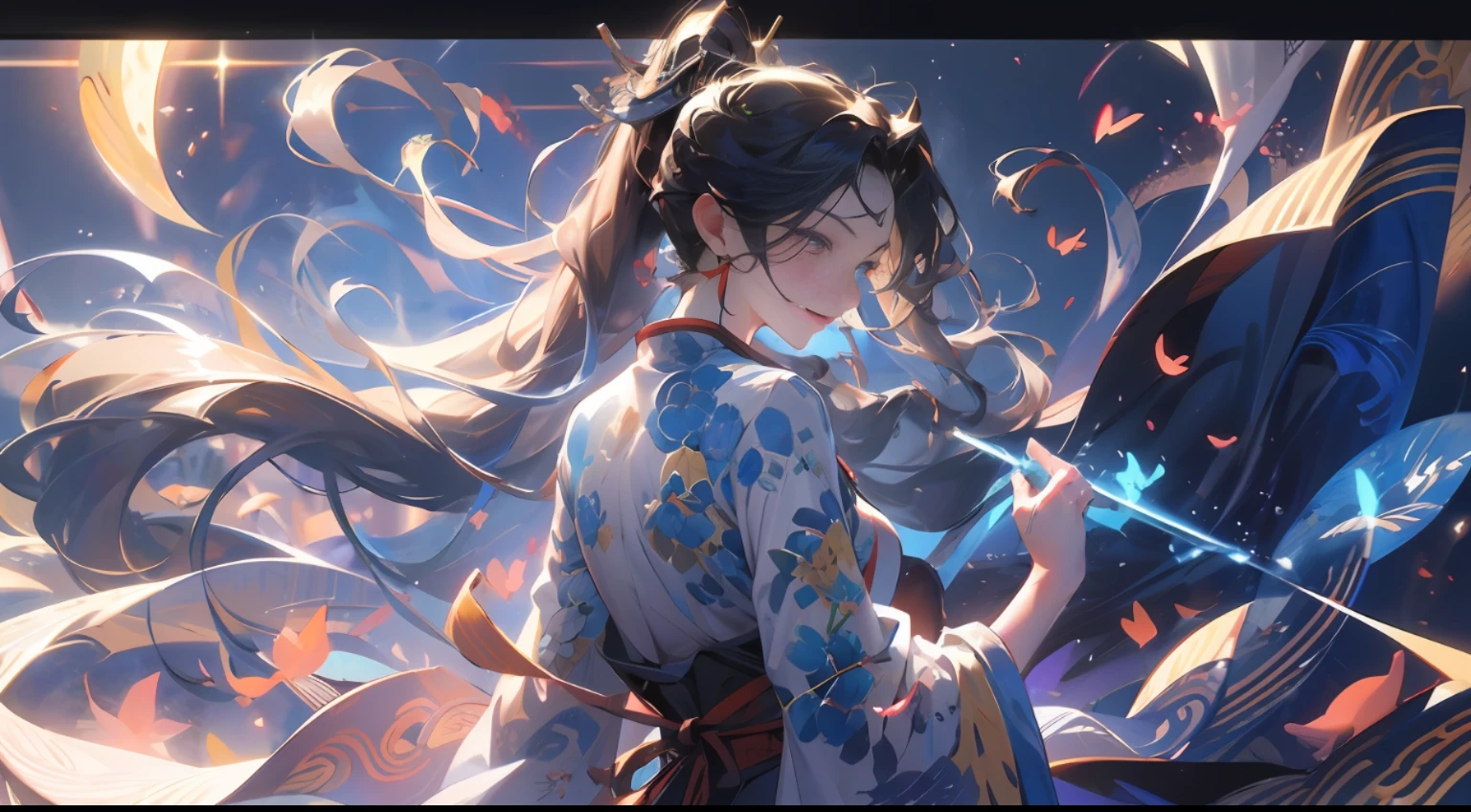 solo, beautiful woman, martial arts world, ancient chinese clothing, ancient wind, wind blowing, blossom, pond, night, moon elections in the pond, blue hair, purple hair, ponytail, long hair, loneliness, gradient hair, black hair, silver hair, long hair, ray tracing, reflected light, depth of field, from behind, panorama, masterpiece, best quality, high detail, high quality, ccurate, textured skin, ultra hd, moonlight, night, lake, woods, meadow, reflection, romance, quiet, pebbled lotus, cicada chirping, Starry sky, breeze, smile, hug, hand in hand, dance, miss romance, tenderness, happiness, touching, sweet, candlelight, guitar, keys, wonderful, happy, warm, waves, love words, heart to heart, happiness, youth, beauty, mystery
