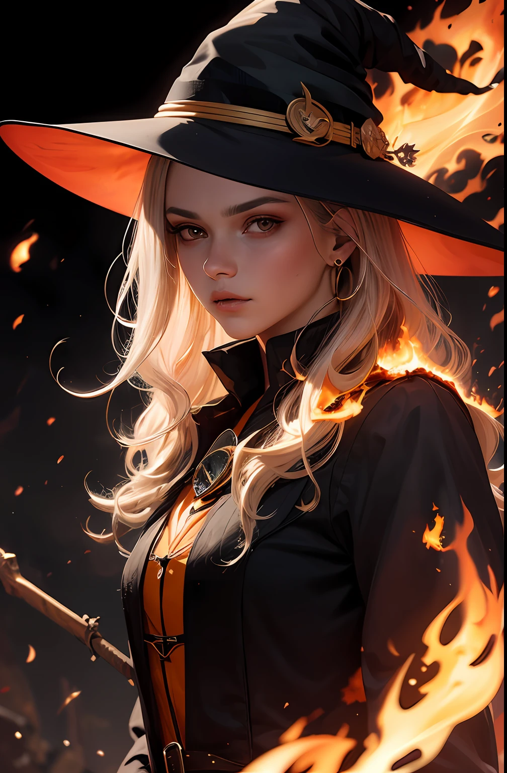masterpiece, best quality, (beautiful face:1.1), (realistic:1.5) (witch, fire magic:1.3), upper body