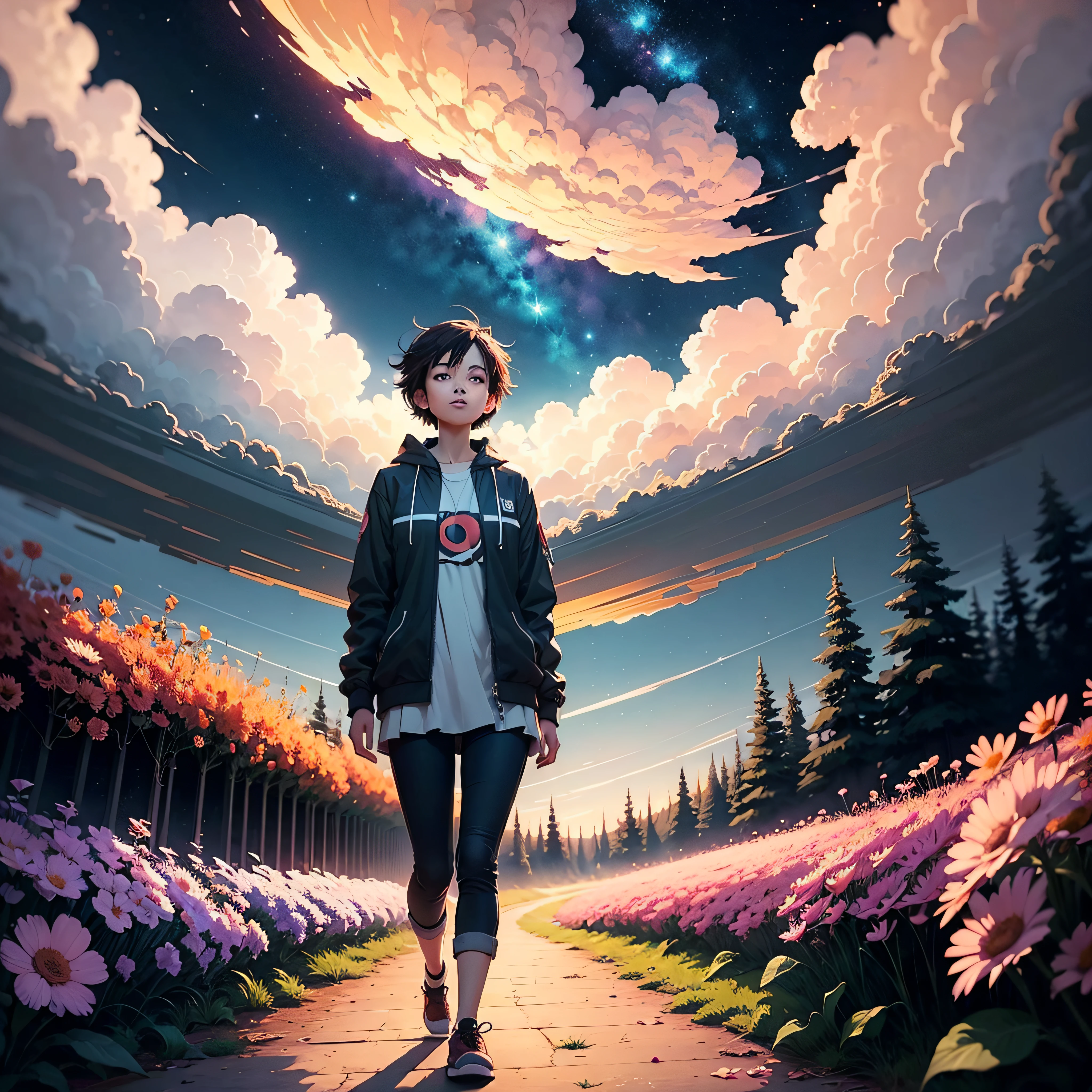 anime girl walking on a path in a field of flowers, makoto shinkai cyril rolando, anime art wallpaper 4 k, anime art wallpaper 4k, anime background art, anime beautiful peace scene, beautiful anime artwork, beautiful anime scene, 4k anime wallpaper, beautiful art uhd 4 k, anime art wallpaper 8 k, cosmic skies. by makoto shinkai --auto