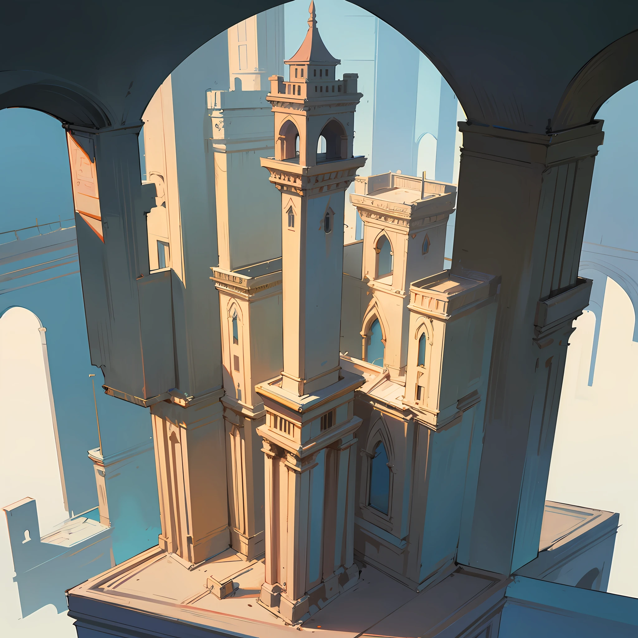 Paint a wonderful Monument Valley style painting: isometric lines, clear composition, and stairs and towers are key. The style is inspired by the architectural designs of the Middle East, India and North Africa. Elements such as architecture, sculpture, and bonsai will float in negative space, creating a unique beauty. Geometrically impossible structures will also be included in the picture. --auto