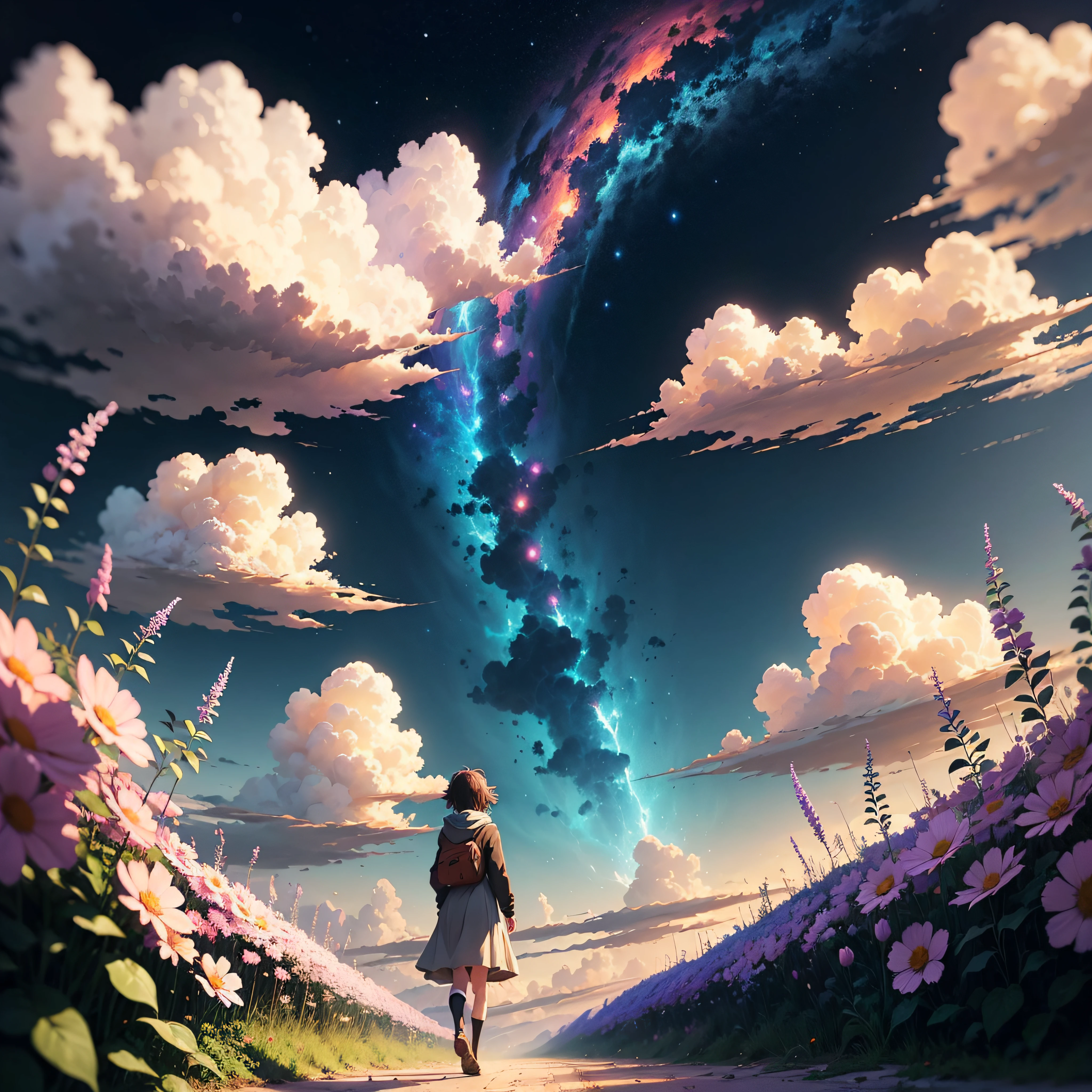 anime girl walking on a path in a field of flowers, makoto shinkai cyril rolando, anime art wallpaper 4 k, anime art wallpaper 4k, anime background art, anime beautiful peace scene, beautiful anime artwork, beautiful anime scene, 4k anime wallpaper, beautiful art uhd 4 k, anime art wallpaper 8 k, cosmic skies. by makoto shinkai --auto