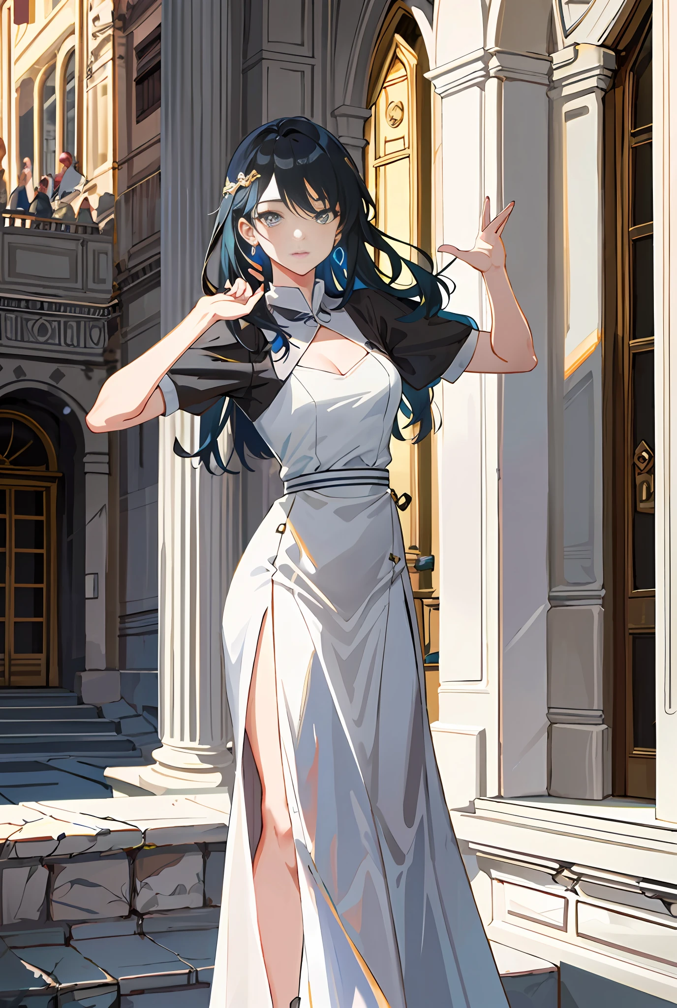 Model shooting style, (extremely detailed CG Unity 8k wallpaper), full-shot body photo of the most beautiful artwork in the world, stunning beautiful photo realistic available, super realistic super detailed photo, a beautiful girl as a female dancer entering the Loggia dei Lanzi of Florence,complex dress, banquet, crowd, [slight smile], (Sculpture of Hercules background), (princess eyes, shining pupils), detailed symmetrical beautiful hazel eyes, detailed gorgeous face, highly detailed, Vibrant, professional majestic oil painting by Ed Blinkey, Atey Ghailan, Studio Ghibli, Jeremy Mann, Greg Manchess, Antonio Moro, ArtStation Trends, CGSociety Trends, Complex, High Detail, Sharp Focus, Dramatic, Realistic Painting Art, by Midjourney and Greg Written by Rutkowski
