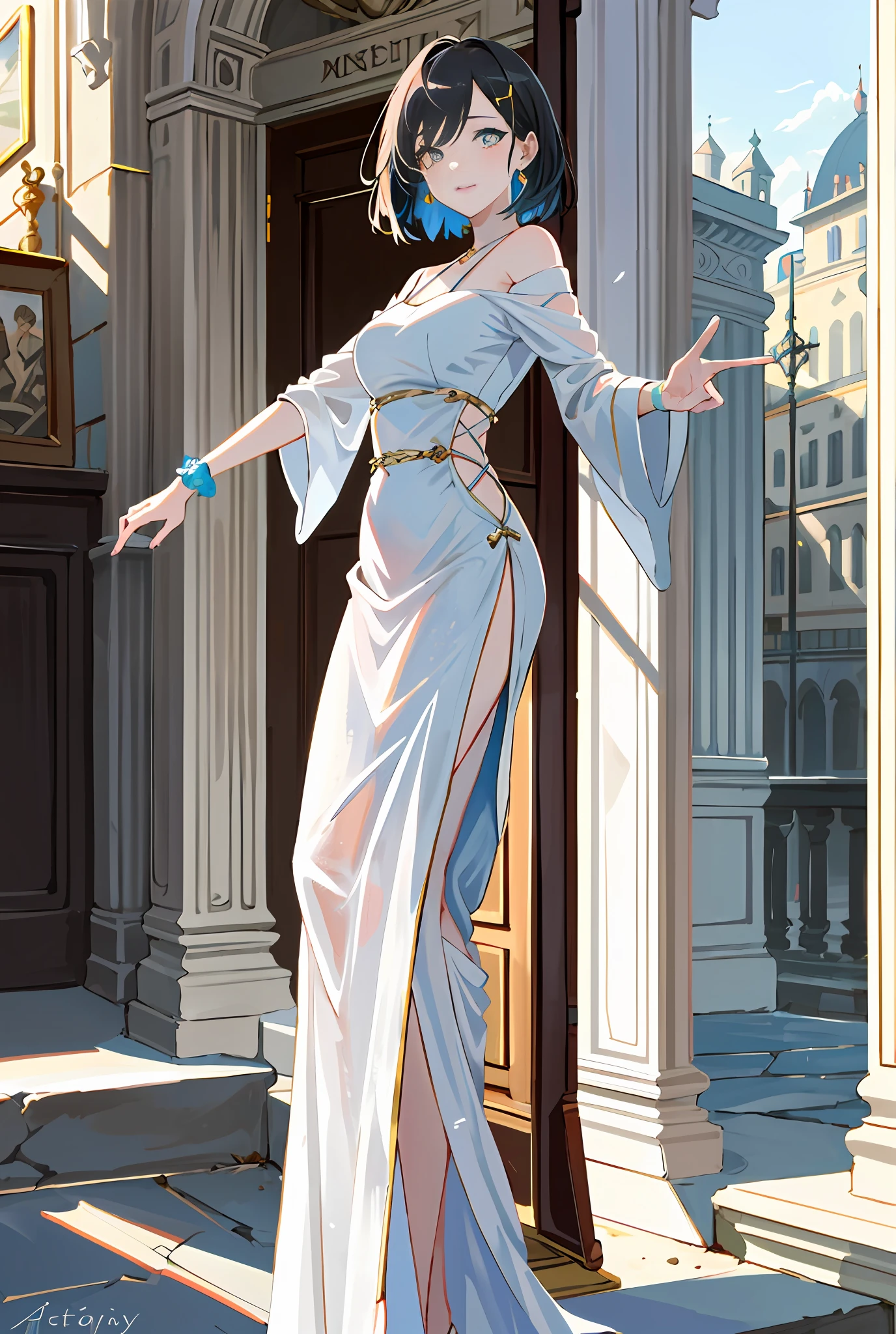 Model shooting style, (extremely detailed CG Unity 8k wallpaper), full-shot body photo of the most beautiful artwork in the world, stunning beautiful photo realistic available, super realistic super detailed photo, a beautiful girl as a female dancer entering the Loggia dei Lanzi of Florence,complex dress, banquet, crowd, [slight smile], (Sculpture of Hercules background), (princess eyes, shining pupils), detailed symmetrical beautiful hazel eyes, detailed gorgeous face, highly detailed, Vibrant, professional majestic oil painting by Ed Blinkey, Atey Ghailan, Studio Ghibli, Jeremy Mann, Greg Manchess, Antonio Moro, ArtStation Trends, CGSociety Trends, Complex, High Detail, Sharp Focus, Dramatic, Realistic Painting Art, by Midjourney and Greg Written by Rutkowski