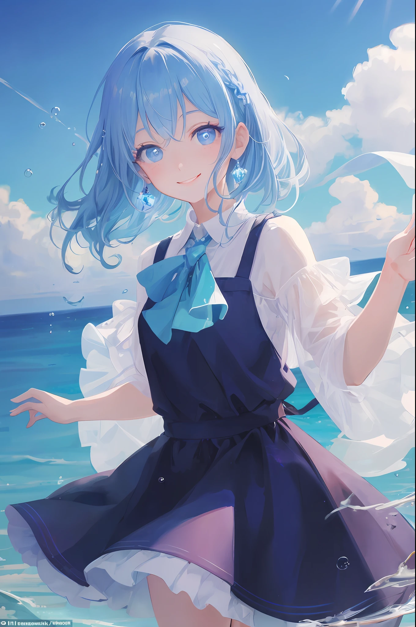 Cornflower, art by Dreamers
(A petite girl with beautiful eyes.) Beautiful light blue hair, light blue dress, upper body, depth of field in the photo is perfect, lens flare added a nice touch. The fine features of his face really stood out, and the score in this photo was definitely over 10. In the background was a beautiful sea with crystal clear water and water droplets floating on the surface. It was truly a stunning picture that captured the girl's beauty and water.), accurate iris depiction, trying to hug the viewer while smiling lovingly like a gentle and goddess,