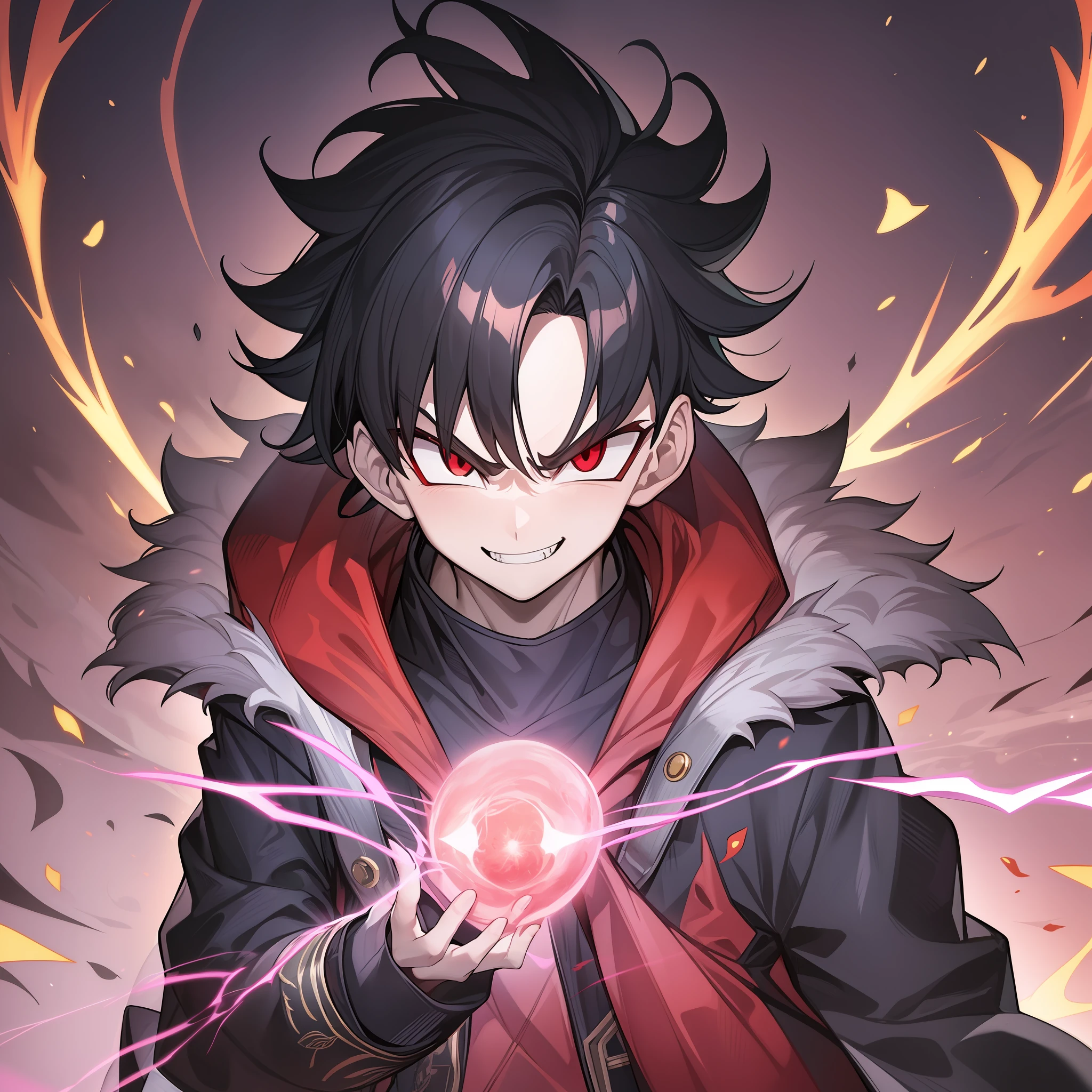 1boy, Anime boy, wearing black coat with vibrant red details, hands in pockets, is wearing a white Greek mask with Evil smile. ((Demonic boy)), aura, energy around the boy, aura of black red rays, dragon ball, elevation of ki, evil energy. Extremely detailed 8k quality