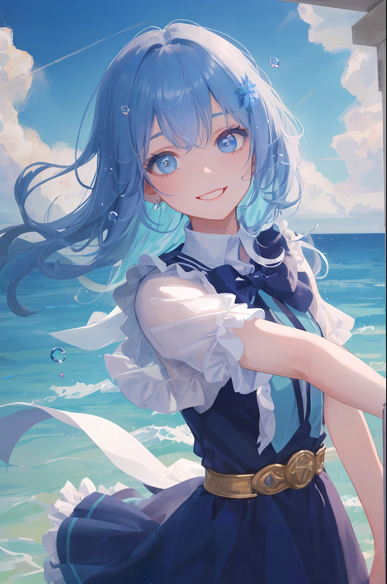 Cornflower, art by Dreamers
(A petite girl with beautiful eyes.) Beautiful light blue hair, light blue dress, upper body, depth of field in the photo is perfect, lens flare added a nice touch. The fine features of his face really stood out, and the score in this photo was definitely over 10. In the background was a beautiful sea with crystal clear water and water droplets floating on the surface. It was truly a stunning picture that captured the girl's beauty and water.), accurate iris depiction, trying to hug the viewer while smiling lovingly like a gentle and goddess,