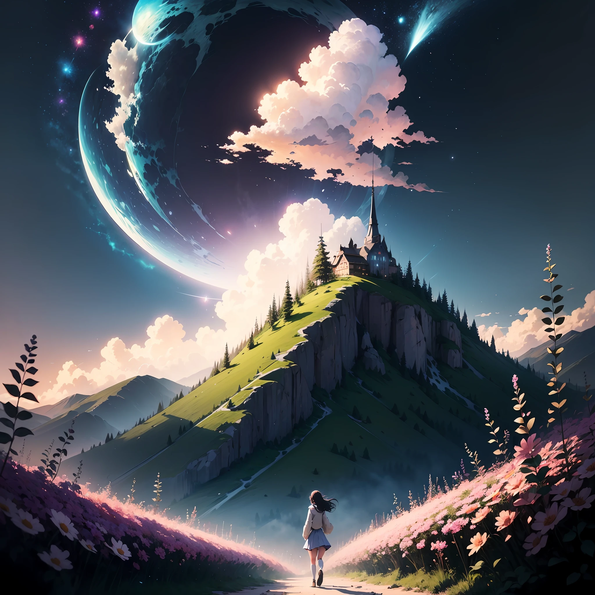 anime girl walking on a path in a field of flowers, makoto shinkai cyril rolando, anime art wallpaper 4 k, anime art wallpaper 4k, anime background art, anime beautiful peace scene, beautiful anime artwork, beautiful anime scene, 4k anime wallpaper, beautiful art uhd 4 k, anime art wallpaper 8 k, cosmic skies. by makoto shinkai --auto