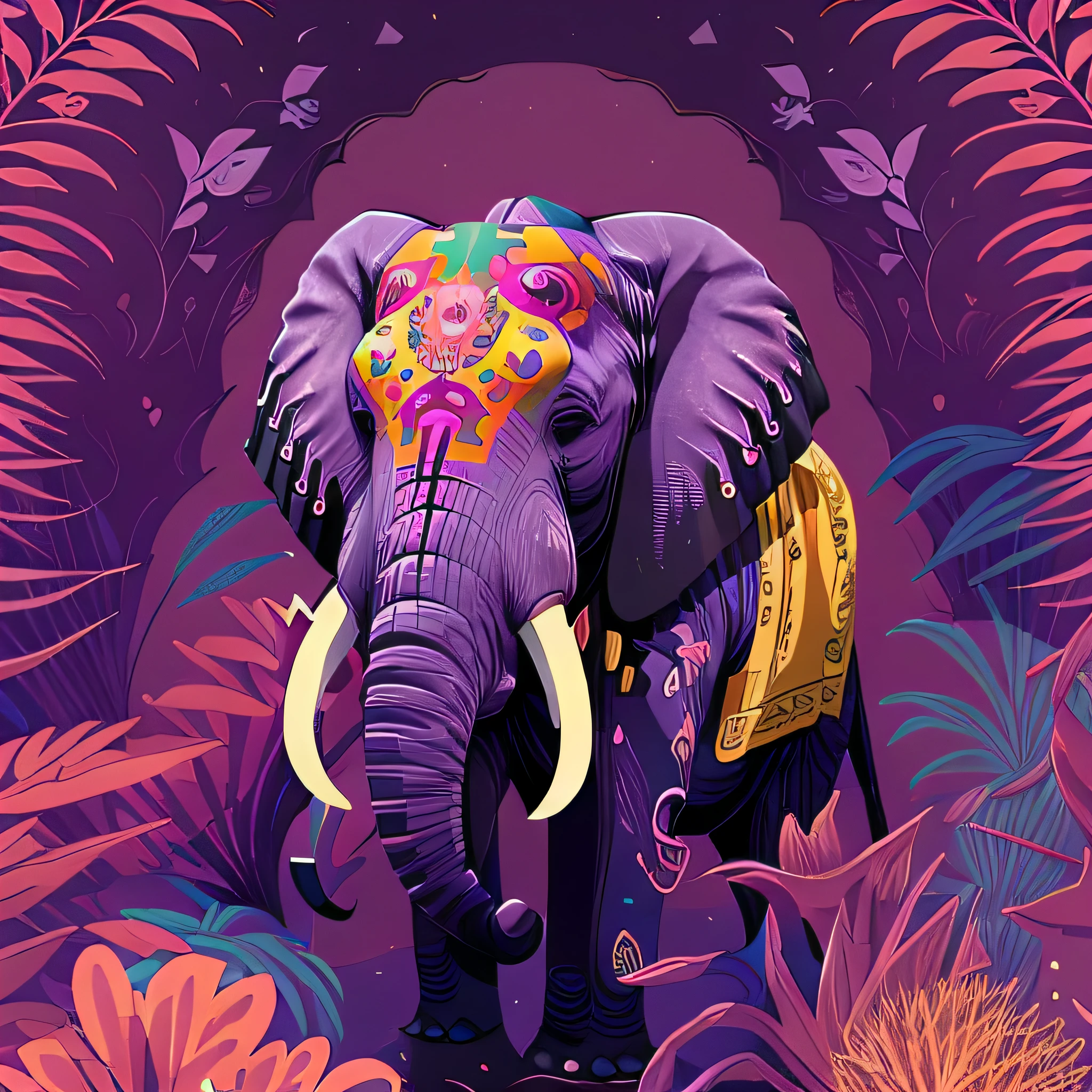 an elephant with a decorative trunk and a purple blanket on its back, with a gold and purple design on its trunk, in a colorful jungle, Android Jones, highly detailed digital painting, neatly drawn, pop surrealism, vector art