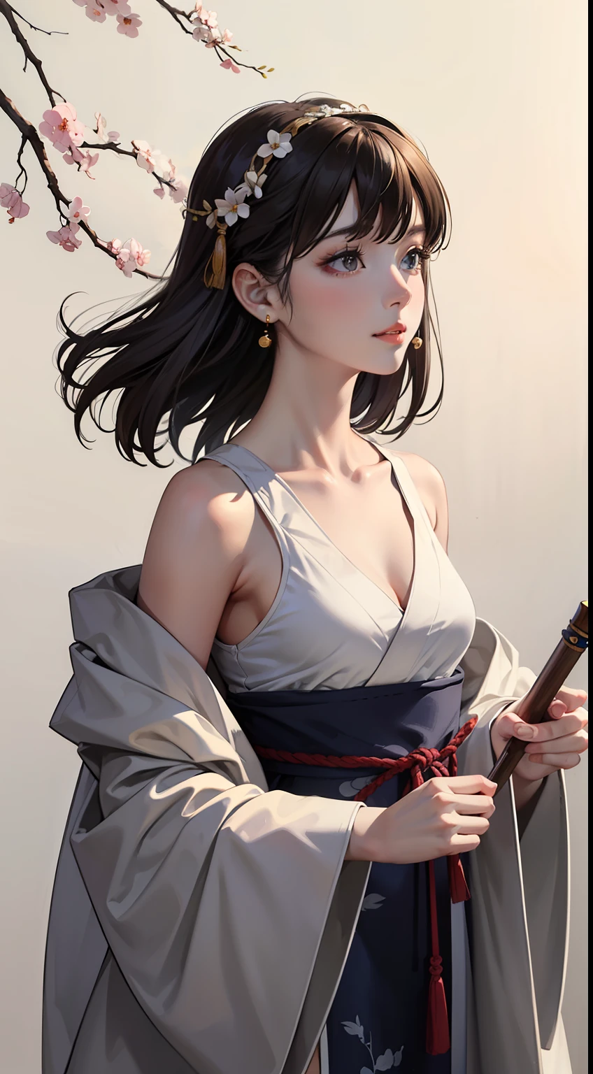 portrait of a girl, (face:1.2), Floating hair, wind, clouds, sunshine, movie light, bangs, face close-up, sky background, oil painting texture, clear hair, light hair, flowers, girls, smiles, bright eyes, single line shoulder, collarbone, shirt, autumn, bare shoulder, bare tree, black hair, branch, cherry blossom, cleavage,coat, (robe:1.21), collarbone, earrings, gray background, hair accessories, Hanfu, Holding a pipe, jewelry, lips, long hair, medium breasts, sitting, solo, tassel, tree, wide sleeves, see through clothes, translucent clothes, silk, Shuke walking horse, negative space, ink painting, standing woman portrait, Willow Branch, (Masterpiece best quality :1.2), traditional Chinese ink painting, model shooting style, peace, looking at the audience, wearing long Hanfu, Song, Willow as background, Ochangshuo, shirt, nsfw whole body, head to toe, natural body, girly feeling, flying hair