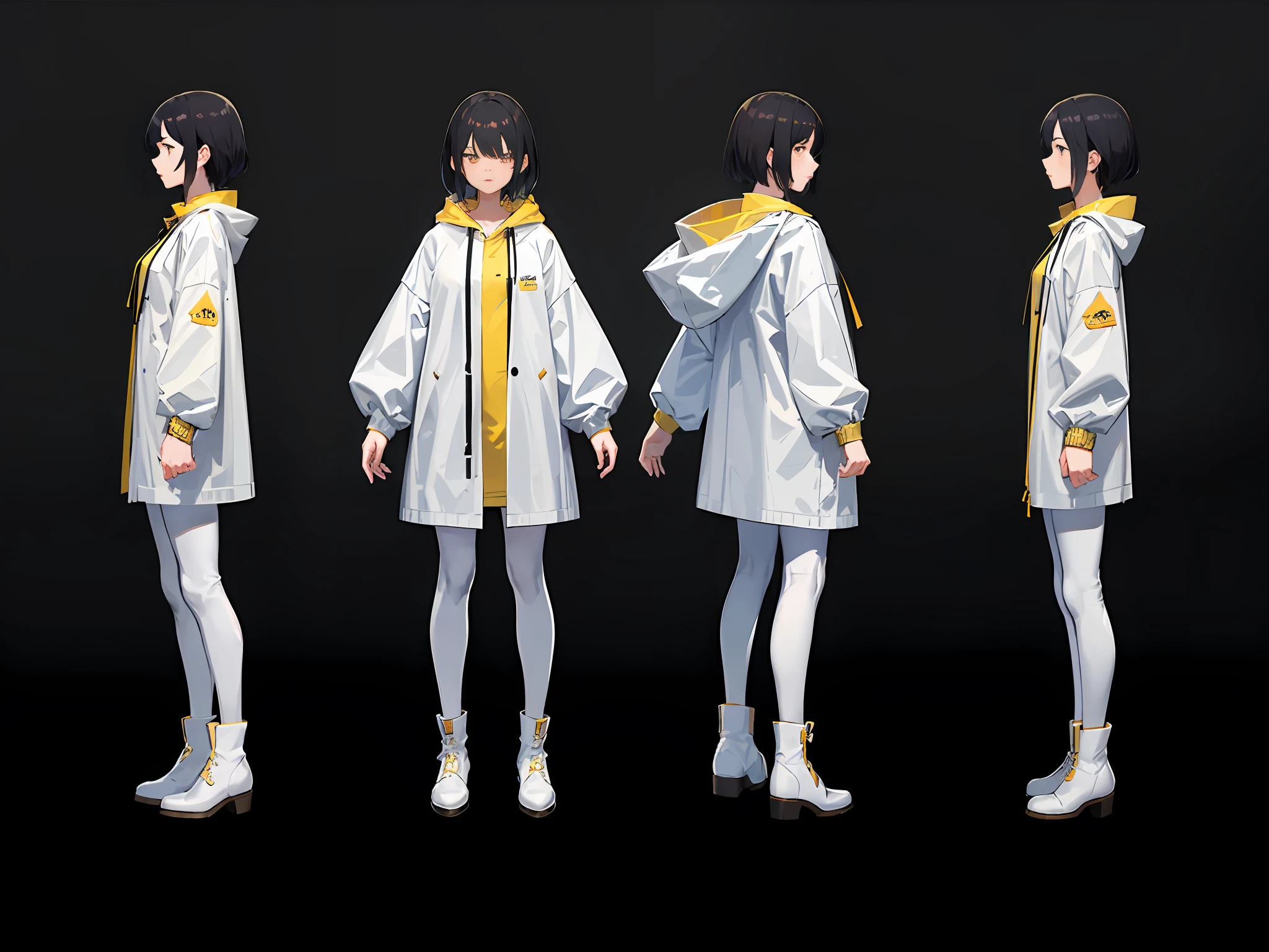 1girl, [Black hair, short hair, bangs], [yellow_raincoat, long raincoat], detailed face, [Red_eyes, half closed], black leggings, white_boots, high quality, character sheet, concept art, white background,