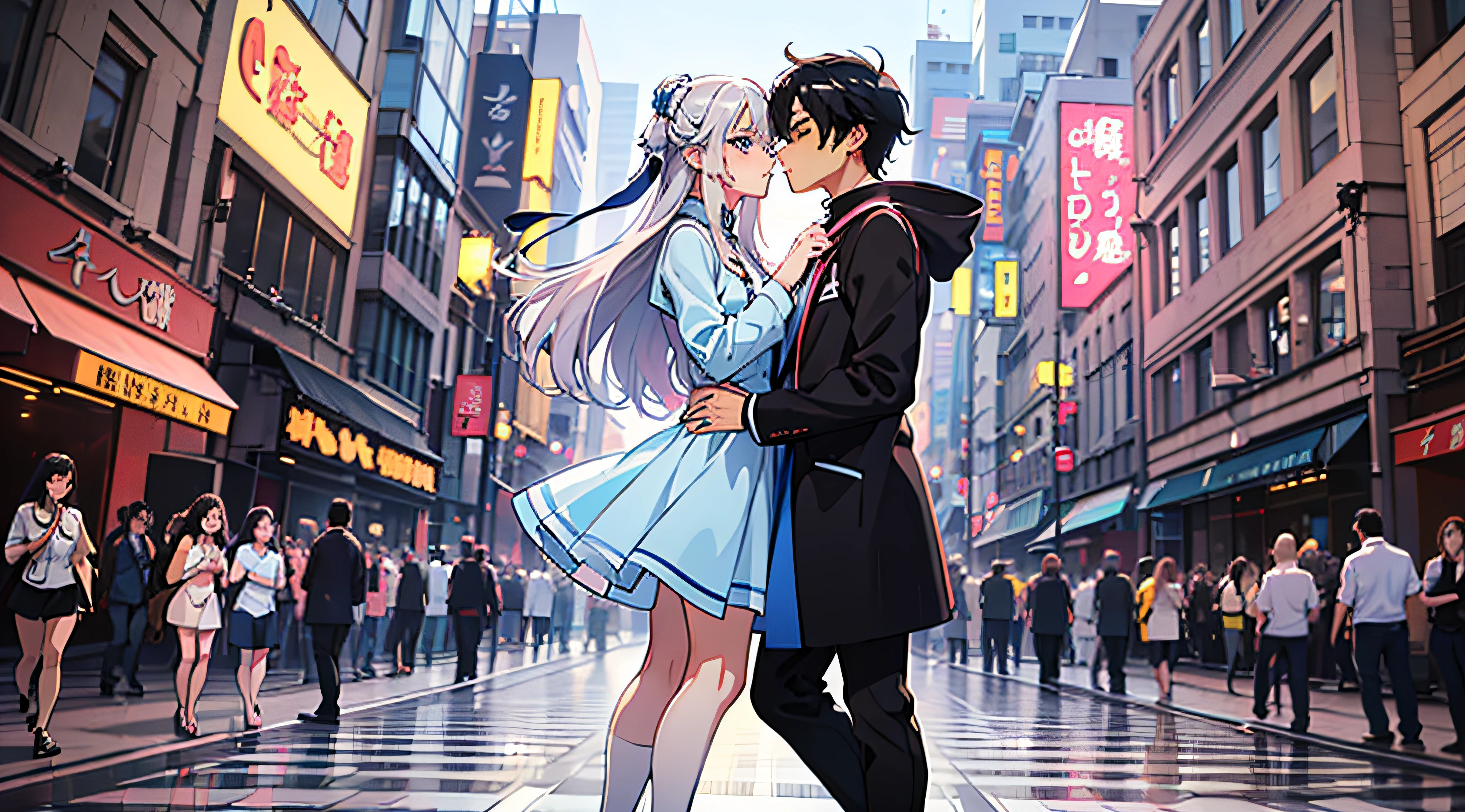 (woman with pink hair, bright light blue eyes)+(man with black hair and bright dark blue eyes)+(anime style Ilya Kuvshinov:1.2)+(Couple in love kisses in the middle of the city crowd)+(full body image)