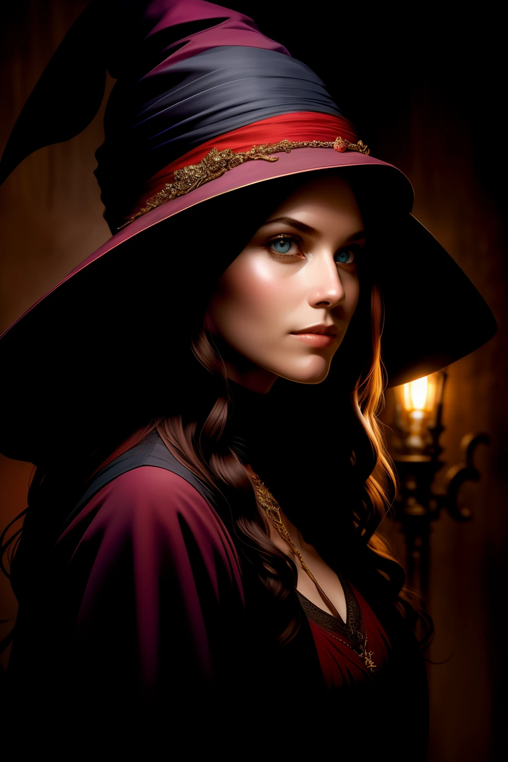 Award-winning character concept art, a cute magical wizard, red eyes, red hair, blurred background, witch hat, natural lighting, lips, looking at _at_viewer, solo, from the side, highly detailed 8k character concept portrait studio lighting, trending on artstation produced by Annie Leibovitz and Steve McCurry octane in Maya 4K high-quality digital painting theatrical lighting,