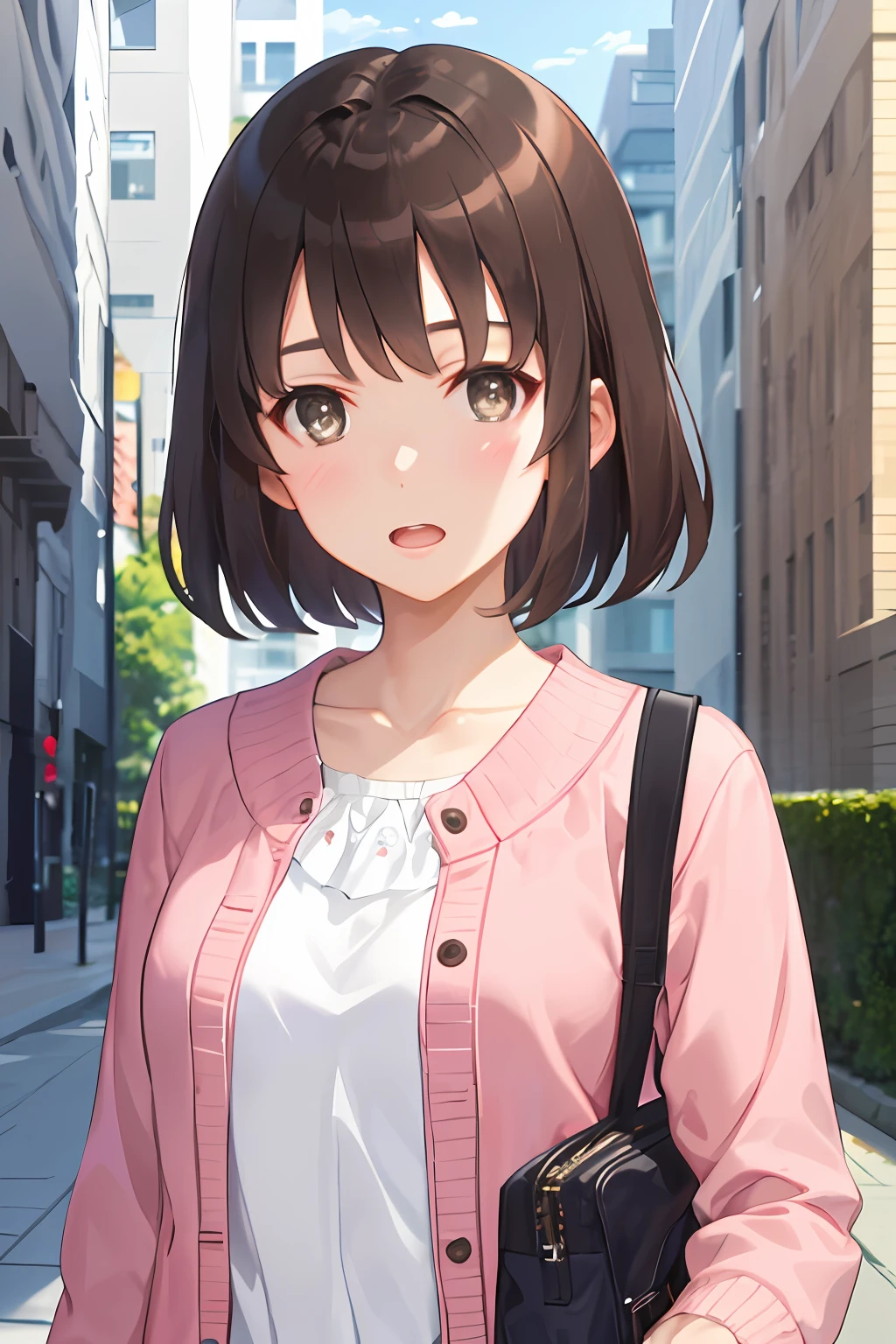 (Masterpiece: 1.6, top quality), (Beautiful eyes in detail: 1.2), ph_katou, Kato Dlong, Katoud, 1 girl, Solo, Brown hair, Short hair, Brown eyes, Open mouth, Bangs, blush, pink jacket,