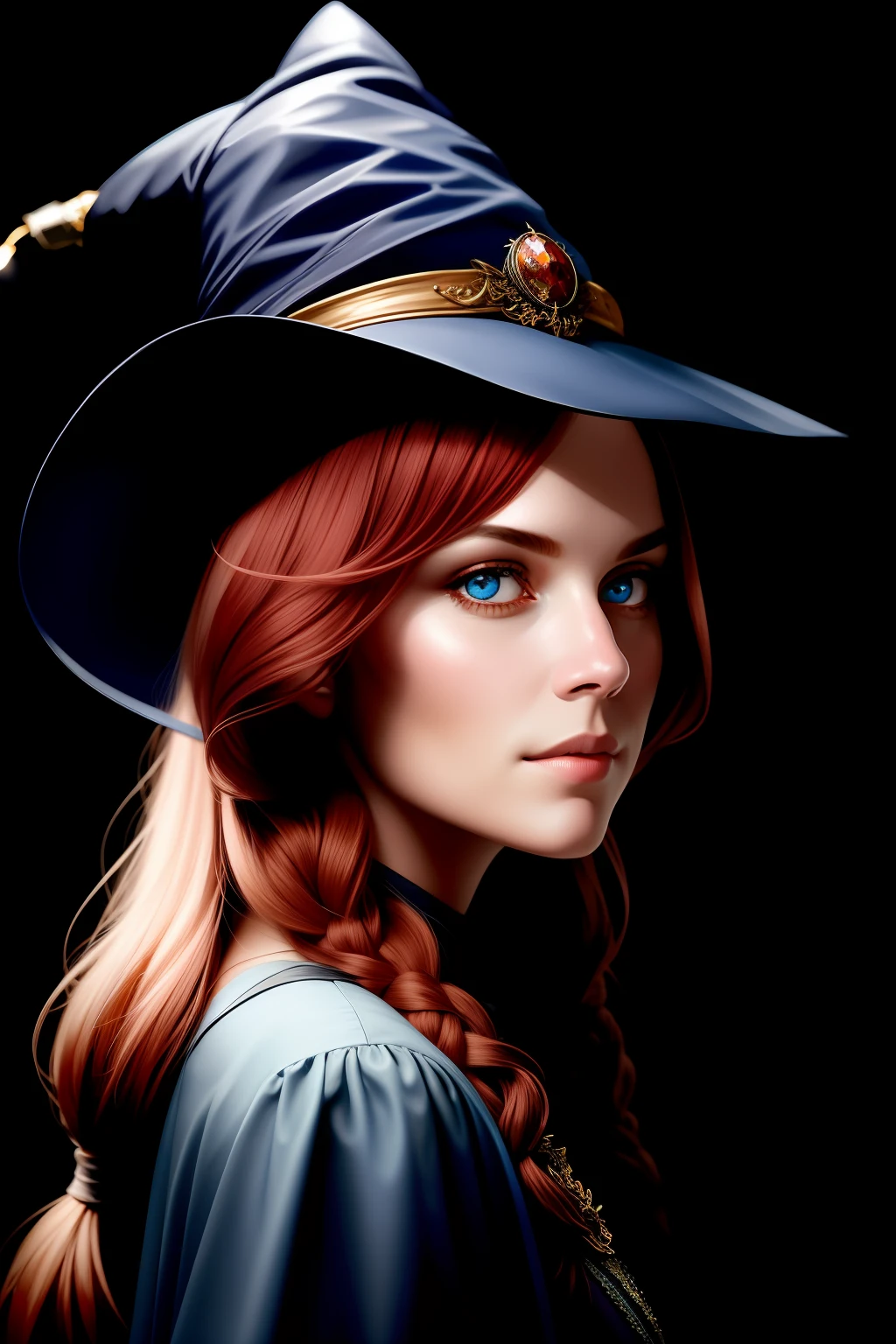 Award-winning character concept art, a cute magical wizard, red eyes, red hair, blurred background, witch hat, natural lighting, lips, looking at _at_viewer, solo, from the side, highly detailed 8k character concept portrait studio lighting, trending on artstation produced by Annie Leibovitz and Steve McCurry octane in Maya 4K high-quality digital painting theatrical lighting,