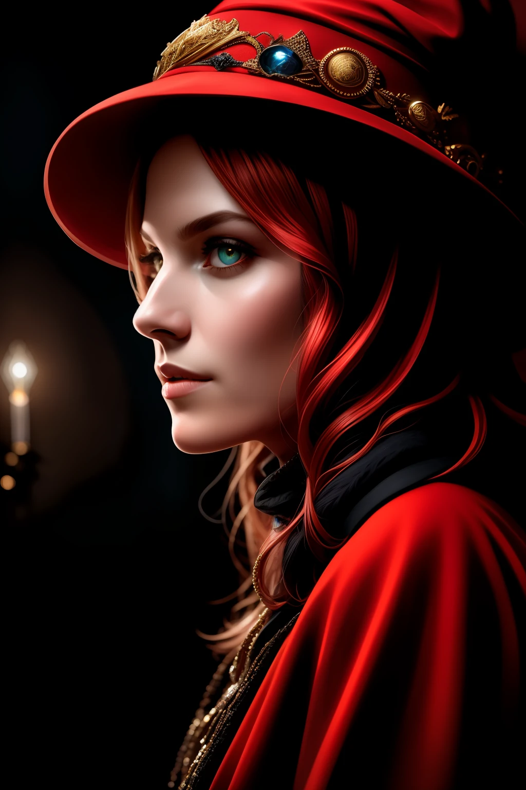 Award-winning character concept art, a cute magical wizard, red eyes, red hair, blurred background, witch hat, natural lighting, lips, looking at _at_viewer, solo, from the side, highly detailed 8k character concept portrait studio lighting, trending on artstation produced by Annie Leibovitz and Steve McCurry octane in Maya 4K high-quality digital painting theatrical lighting,