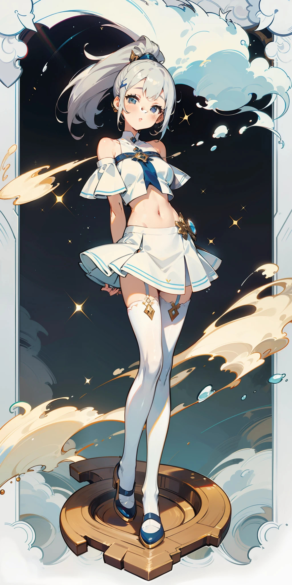 projected inset, (highest quality), (full body), glamorous, rich details, 1girl, girly, cute, ((silver hair)), quadratic, long ponytail, blond eyes, red hairpin, sleeveless, off-the-shoulder, (navel), miniskirt, white stockings, light clothing, hands behind back, (splash)