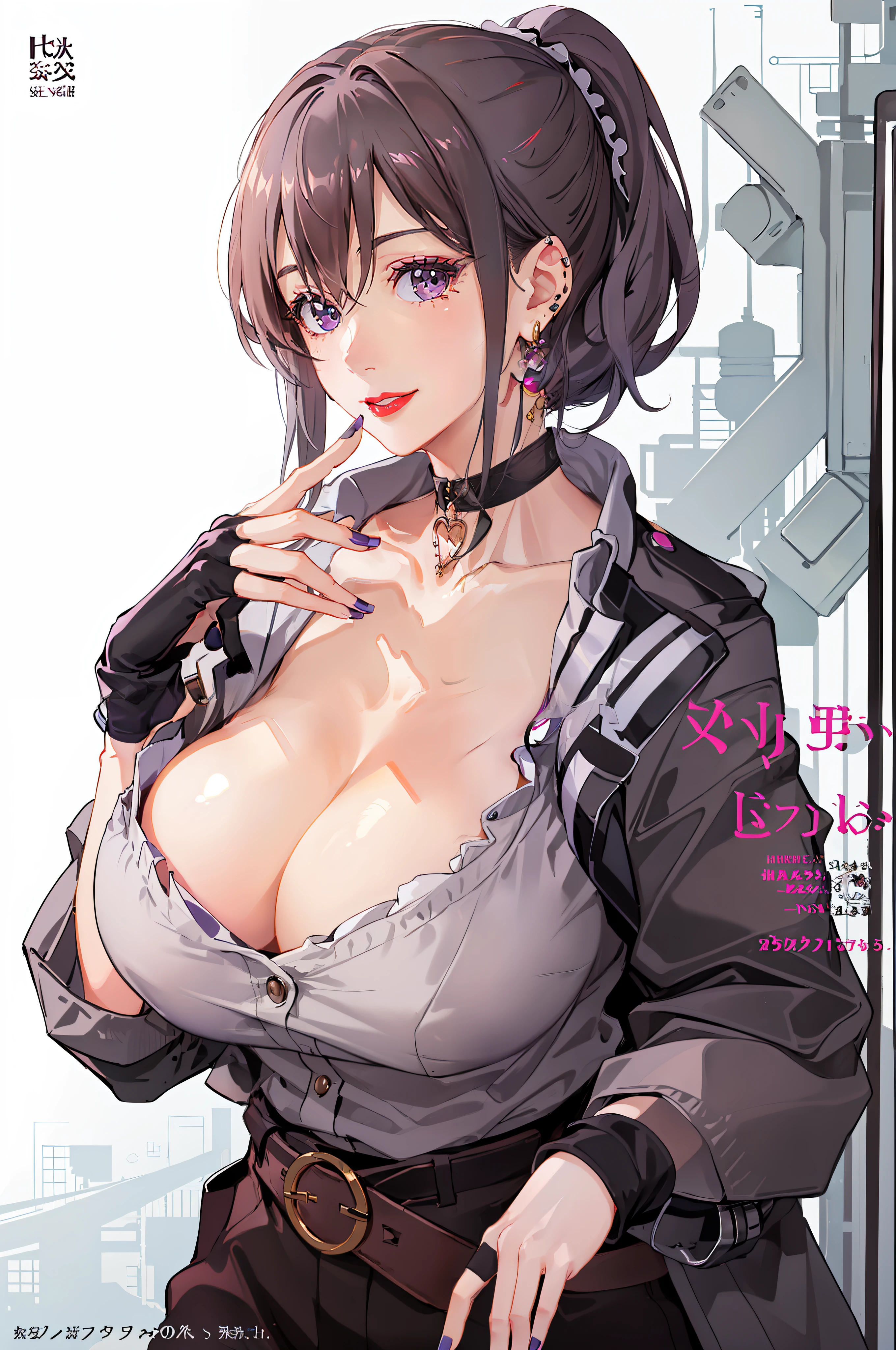 (cover page:1.2), cover,
1girl, fashi-girl, bangs, black gloves, black choker, collarbone, earrings, finger to mouth, fingerless gloves, grey hair, index finger raised, jacket, jewelry, red lips, lipstick, long hair, looking at viewer, makeup, nail polish, parted lips, ponytail, portrait, smile, purple eyes, purple nails, shushing, solo,[[realistic]],(shiny skin),(masterpiece:1.4),(best quality:1.4),gigantic breasts,red lips
,,