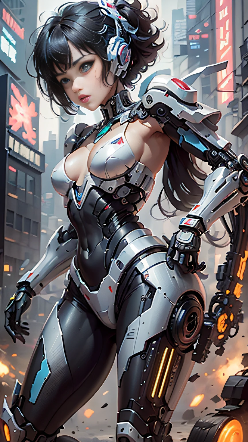 (highly detailed:1.5), (8k), futuristic mecha girl on the cover of a neon-lit science fiction magazine, style (cyberpunk:1.3), wearing an elegant battle suit with bright details, posing sensually, (bold typography:1.2), dynamic composition, vibrant colors, (Akira style:1.1), (inspired by Hajime Sorayama:1.2), full body, details in red, yellow, blue, white, combat position, detailed bikini, futuristic detailed kaneda bike,
