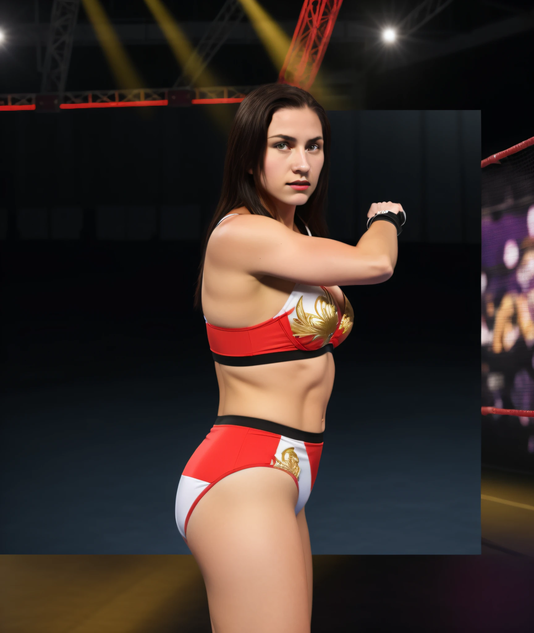 Attractive Caucasian fit female wrestler in red white black and gold bra, red white black and gold trunks, black wristbands, photo realistic, intricate details