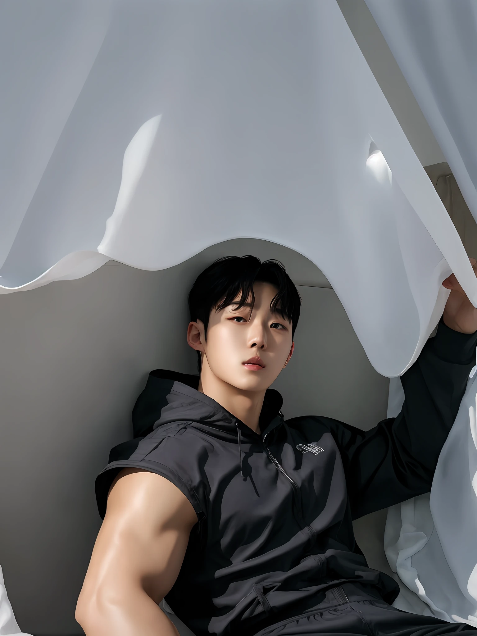 1boy, solo, (masterpiece, ultra quality, high resolution, 8k, intricate: 1.2), (detailed face:1.2), handsome, Young Korean man ,white skin, double eyelids , detailed skin, 1boy, ((realistic)), male focus, ((realistic)), ((pale skin)), , hunk, handsome,1boy, Korean male wearing white speedo, tight see through tops, wet underwear, bulge, good lighting quality,(sitting:1.2) ,top view