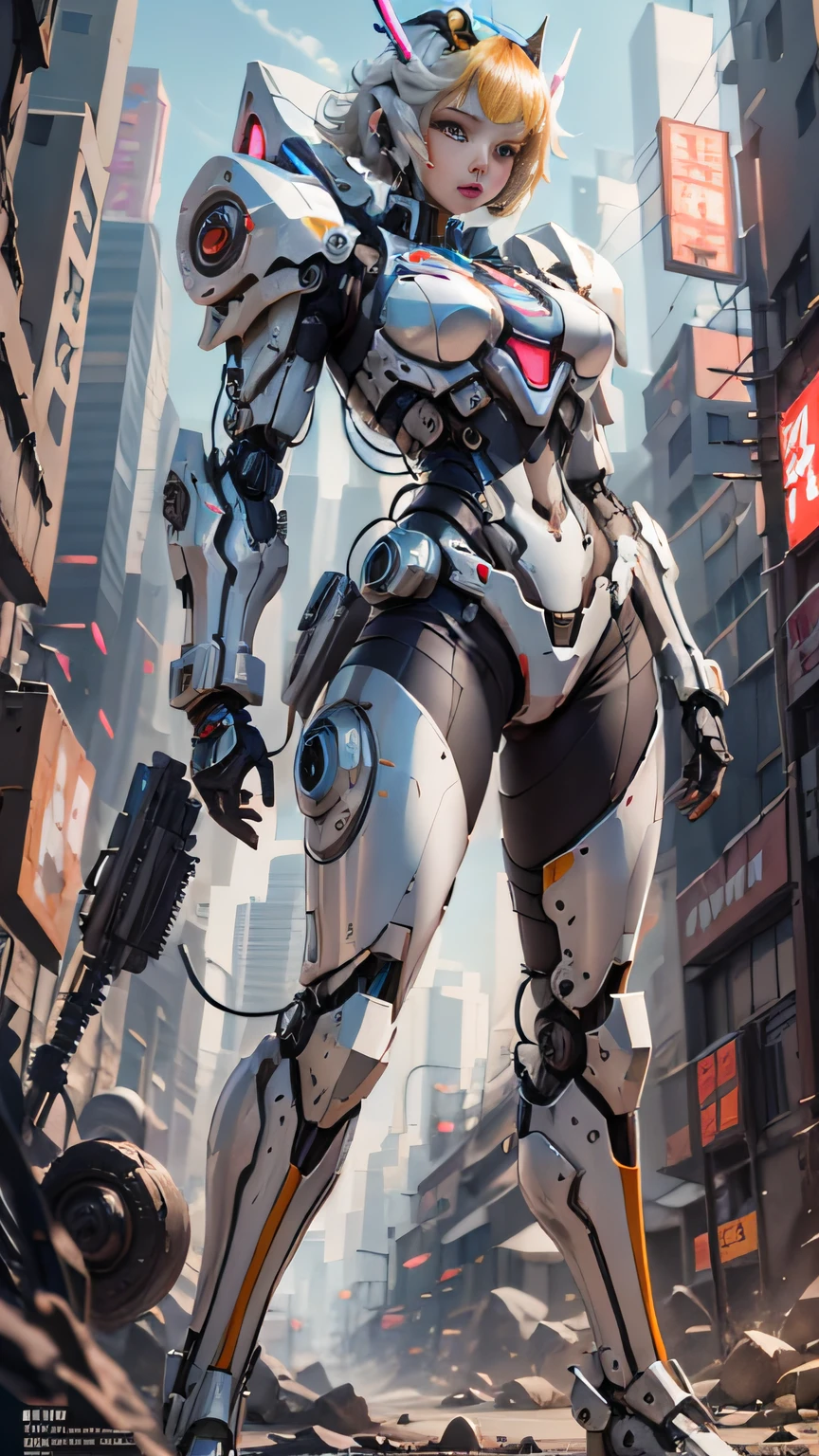 (highly detailed:1.5), (8k), futuristic mecha girl on the cover of a neon-lit science fiction magazine, style (cyberpunk:1.3), wearing an elegant battle suit with bright details, posing sensually, (bold typography:1.2), dynamic composition, vibrant colors, (Akira style:1.1), (inspired by Hajime Sorayama:1.2), full body, details in red, yellow, blue, white, combat position, detailed bikini, futuristic detailed kaneda bike,