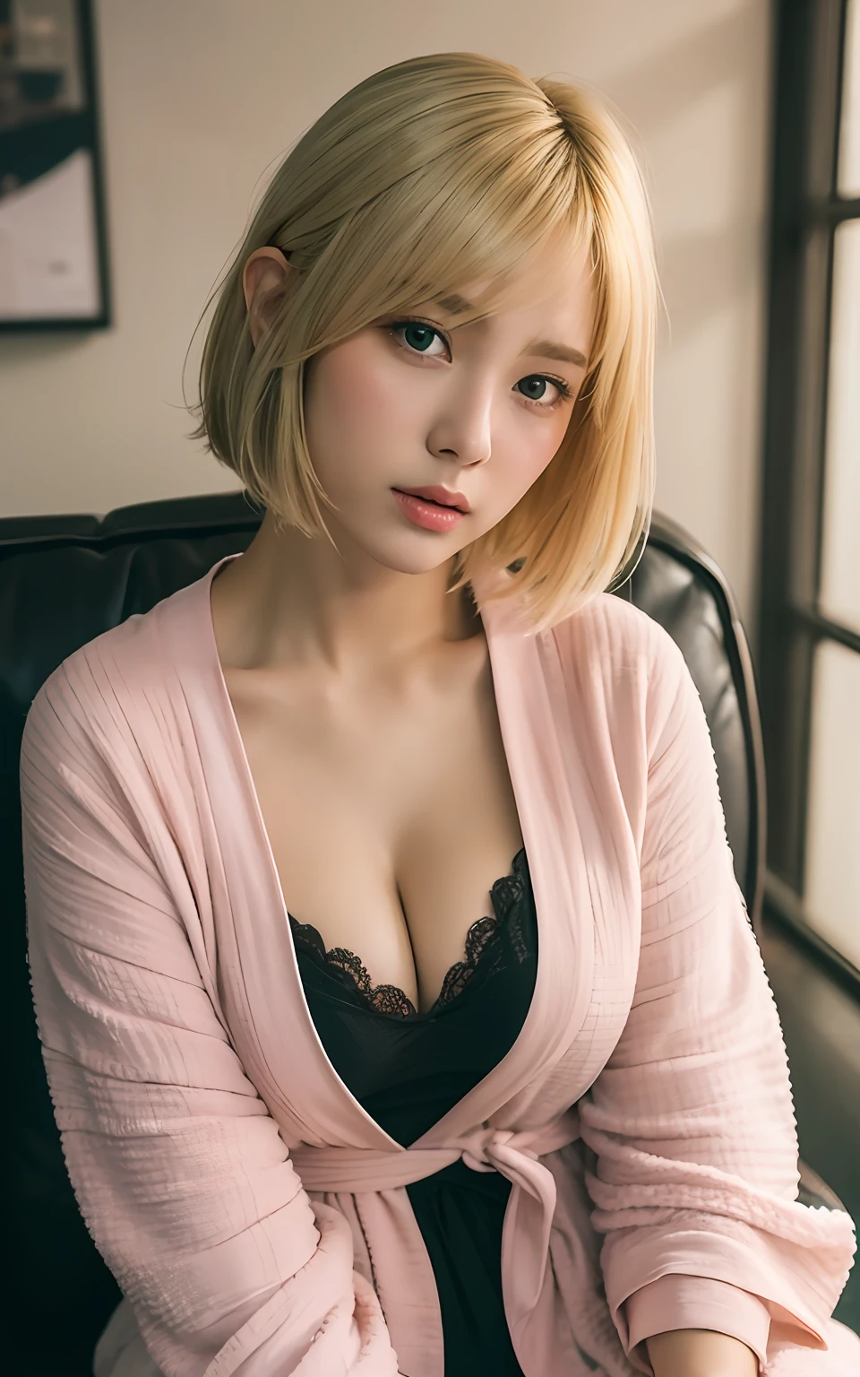 Highly detailed CG Unity 8k wallpaper, top quality, super detailed, masterpiece, realistic, photorealistic, highly detailed cute girl, 25 years old, ((blonde hair: 1.4)), ((dyed blonde)), (gal), round eyes, viewer, blush, parted lips, semi-body shot, (bathrobe) , couch , sitting ,bob cut