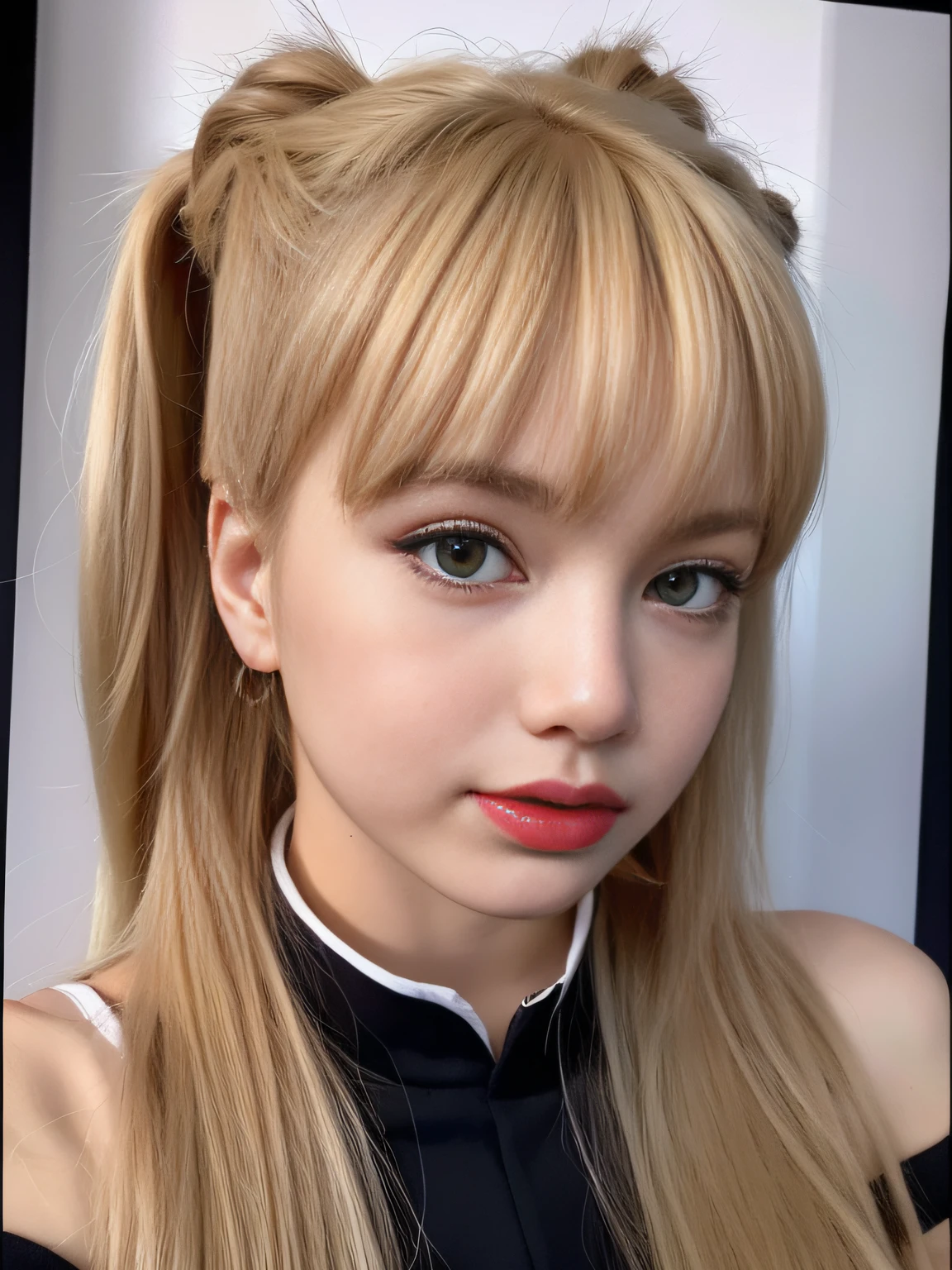 (8K, 4K, Best Quality, Highres, Ultra High Res:1.1), (Masterpiece, Realistic, Photo-Realistic:1.1), 1girl, Face, Close-Up, Twintails, Blonde Hair, Black Eyes, Red Lips, (Looking in Audience: 2), Wearing a trendy football uniform, bare waist, football shorts, ridiculously long hair, long eyelashes, eye shadow, small face, big eyes, bare shoulders, high contrast,