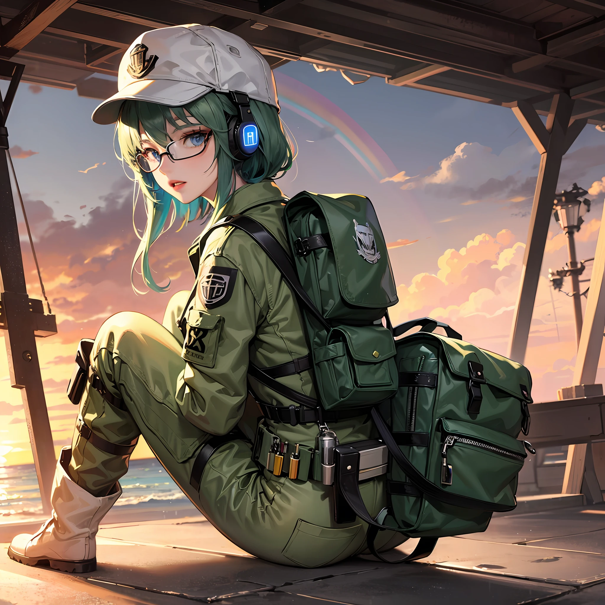ela_(rainbow_six_siege), masterpiece, best quality, 1girl, solo, camouflage, ass, blue eyes, goggles, green hair, hat, backpack, short hair, looking back, headset, bag, looking at viewer, sunglasses, goggles on head, camouflage pants, military, sitting, lips, boots, tinted eyewear, baseball cap, eyewear on head, uniform --auto