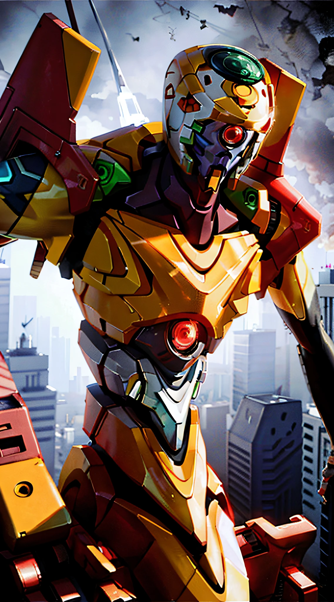 (Eva 00), Eva God, Evangelion Mecha, Science Fiction, Looking at the Viewer, 3d Rendering, (Official Art, Best Quality, Masterpiece: 1.2), Illustration, High Resolution, Beautiful Abstract Background, Futurism, Cyberpunk, Intense Angle
