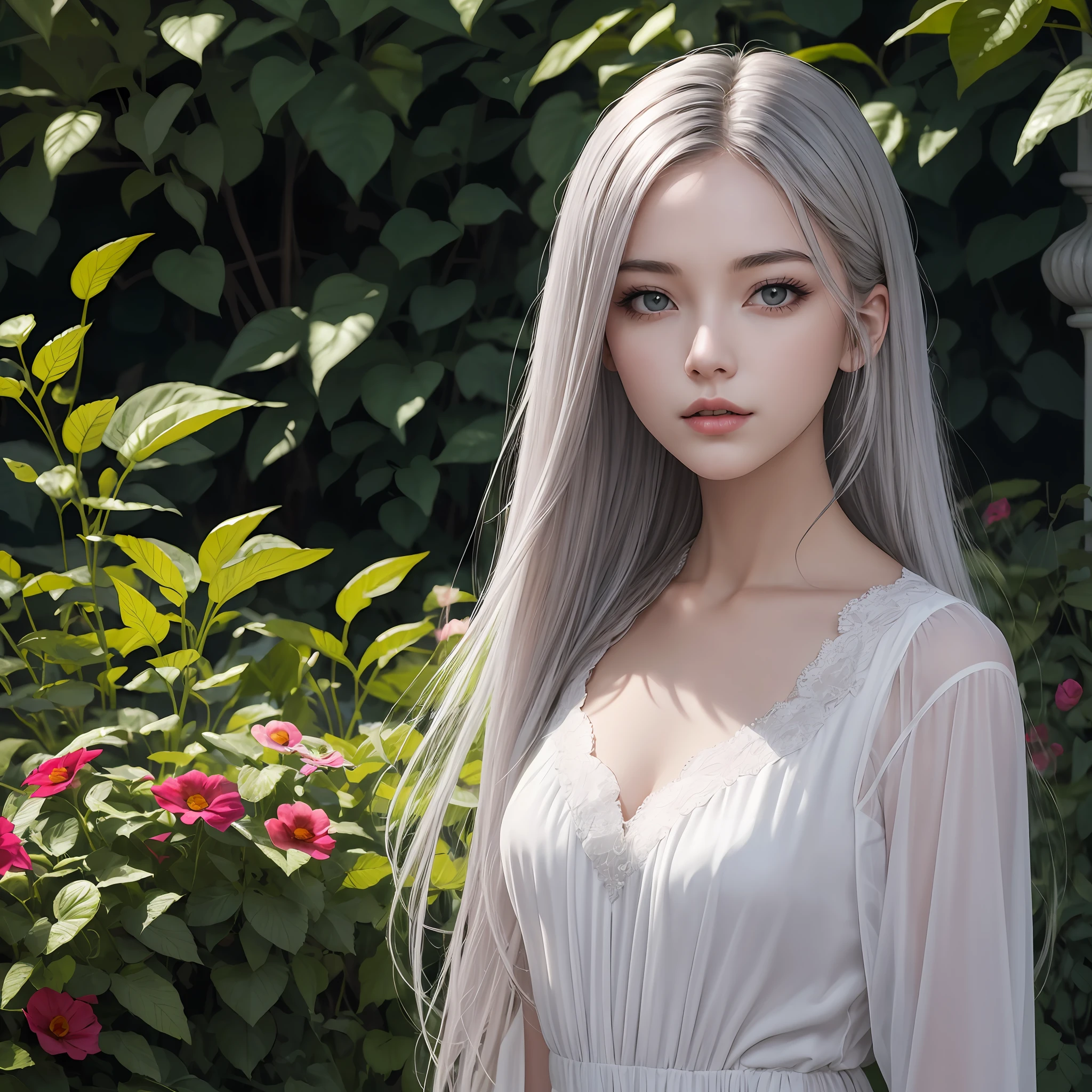 Top Quality, Masterpiece, Ultra High Resolution, (Photorealistic: 1.4), Raw Photo, 1 Girl, Long Silver Hair, Glossy Skin, Dramatic Lighting, (Garden Background: 1.2), Knight