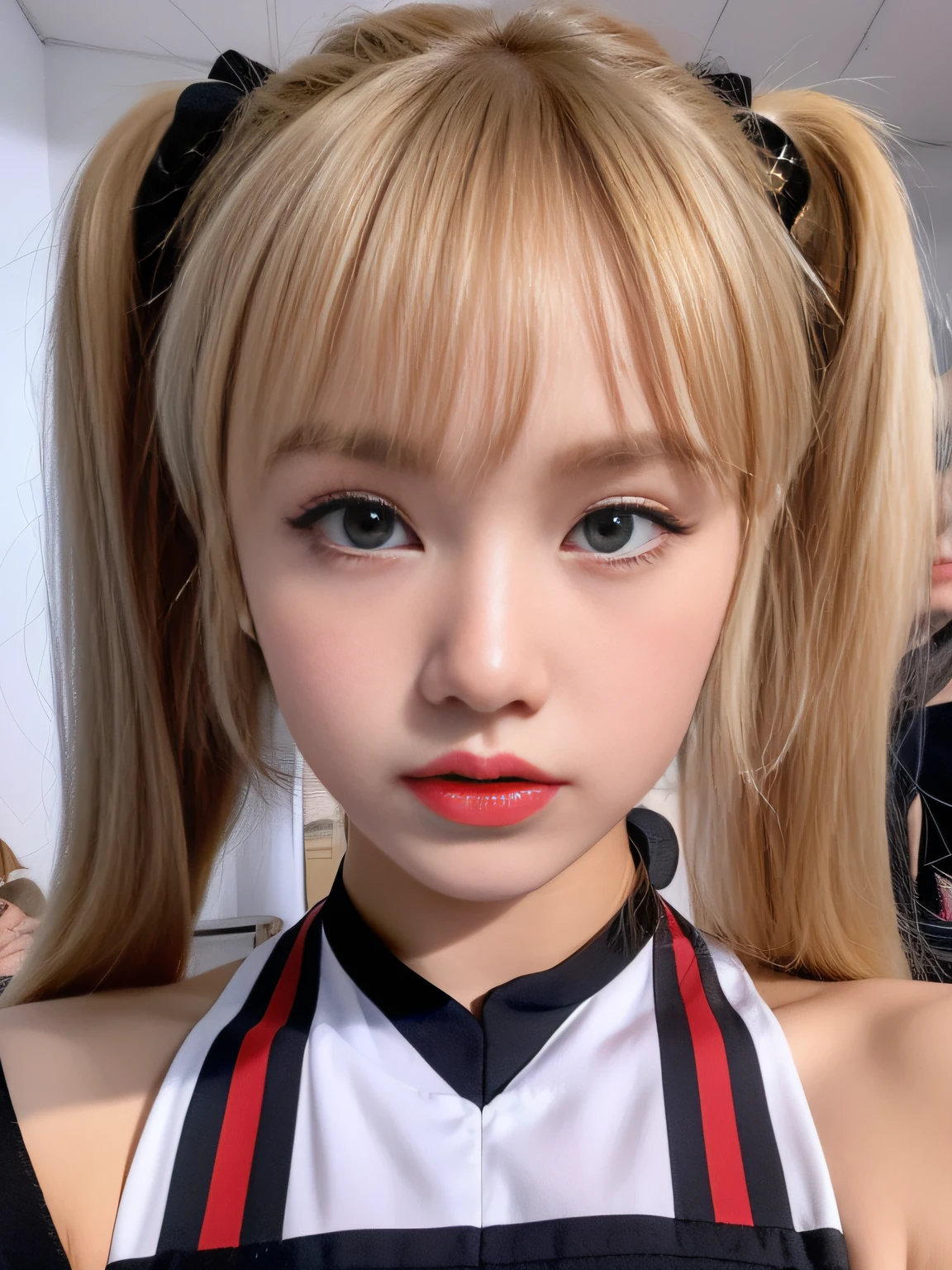 (8K, 4K, Best Quality, Highres, Ultra High Res:1.1), (Masterpiece, Realistic, Photo-Realistic:1.1), 1girl, Face, Close-Up, Twintails, Blonde Hair, Black Eyes, Red Lips, (Looking in Audience: 2), Wearing a trendy football uniform, bare waist, football shorts, ridiculously long hair, long eyelashes, eye shadow, small face, big eyes, bare shoulders, high contrast,