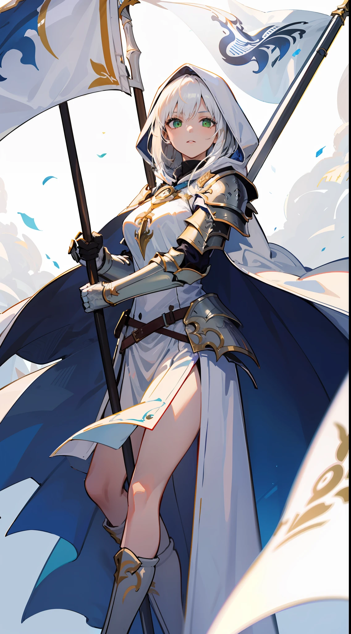 1girl, sharp white hair, sharp green eyes, wearing full white armor and radiating light, paladin, 8k, holding a flag spear, wearing white robes with hood and epic white paladin armor, wearing general robes and she is greater tanker