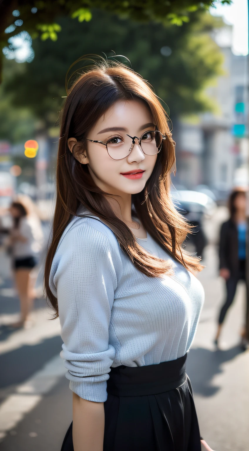 Woman posing on street corner, top quality, high resolution, 8k, single girl, outdoor, (street: 0.8), (people, crowd: 1), gorgeous, (medium hair), (dynamic pose: 0.8), (upper body: 1.2), soft lighting, wind, glossy skin, gaze, glasses