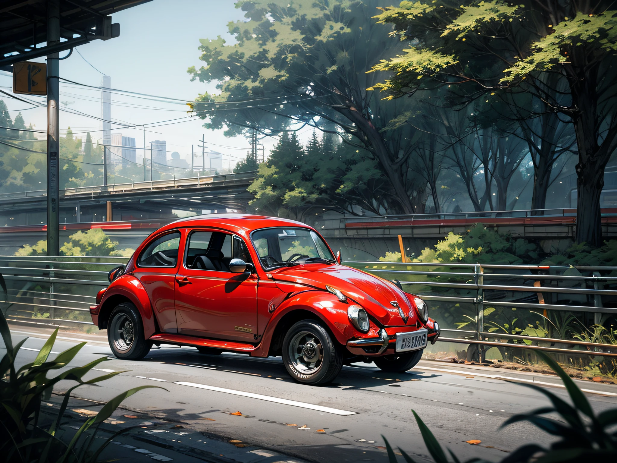 A bright red Beetle from 1969 with black wheels, black windows, black line on the side of the car on a highway, day, sun, landscape, nature, magnificent --auto