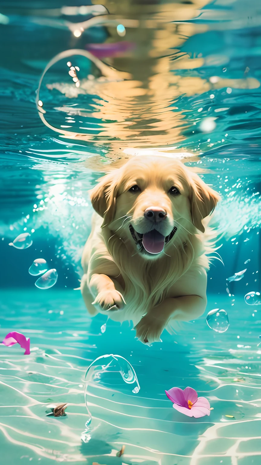 (swimming and diving in the sea), beautiful portrait in realistic style, oil painting, surrealism, ((1 golden retriever)), diving in crystal clear water, colorful petals falling, vibrant reflections, elegant movement, light blue background, soft waves, aquatic nuances, beautiful digital illustrations, Guvez style artwork, close-up fantasy and water magic, kodak Portra 400, natural light, intricate details, surreal photography, film, cinema, hyperdetail, ultra hd, color correction, HDR, color grading, ultra-realistic CG animation, no humans