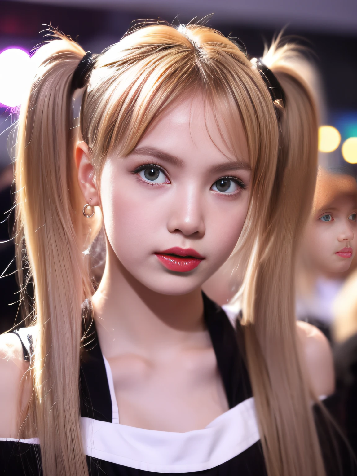 (8K, 4K, Best Quality, Highres, Ultra High Res:1.1), (Masterpiece, Realistic, Photo-Realistic:1.1), 1girl, Face, Close-Up, Twintails, Blonde Hair, Black Eyes, Red Lips, (Looking in Audience: 2), Wearing a sports top, open waist, shorts, ridiculously long hair, long eyelashes, eye shadow, small face, big eyes, bare shoulders, high contrast,