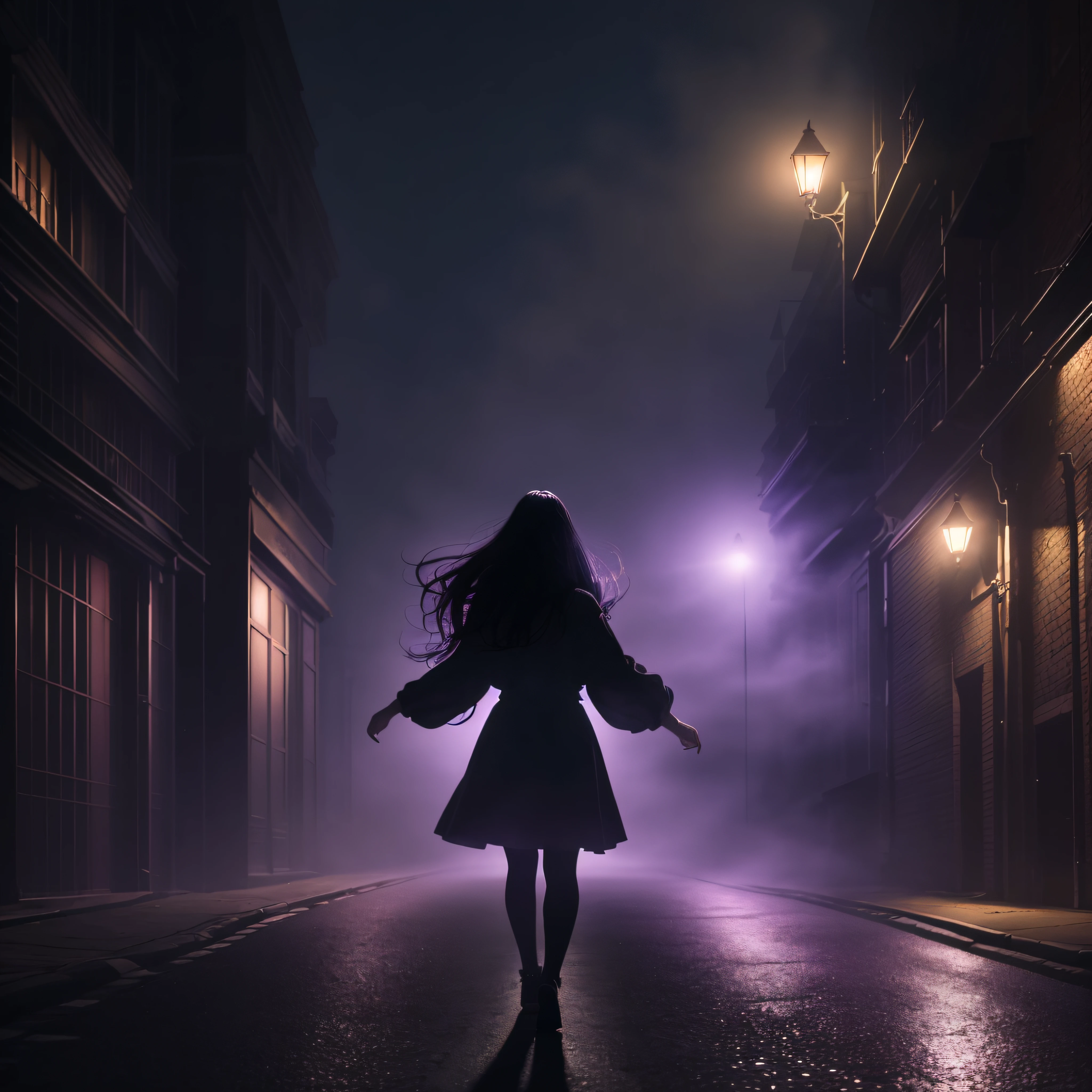 Woman walking head-on down a road at night, with fog and shadows, wavy and long black hair, hand hidden, high quality, ultra-detailed, 8k, masterpiece, (volumetric lighting), black magic, fanciful, lilac colors, purple, black and vivid shadows on the woman's return. --auto --s2