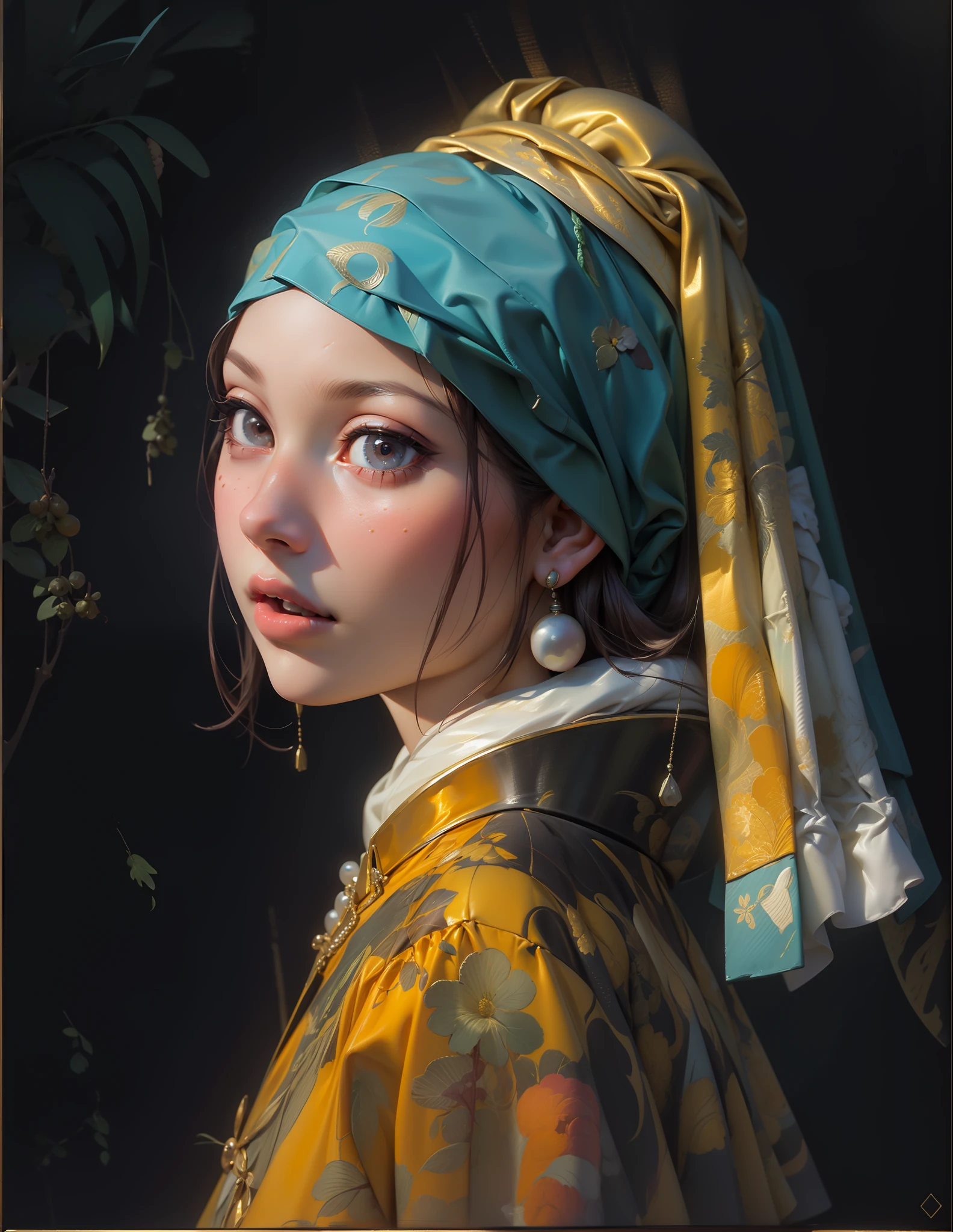 Masterpiece, highest quality, HD, 8k, oil painting by Johannes Vermeer, "Maiden with Pearl Earrings", detailed details, detailed facial features, (doll face: 1.2)