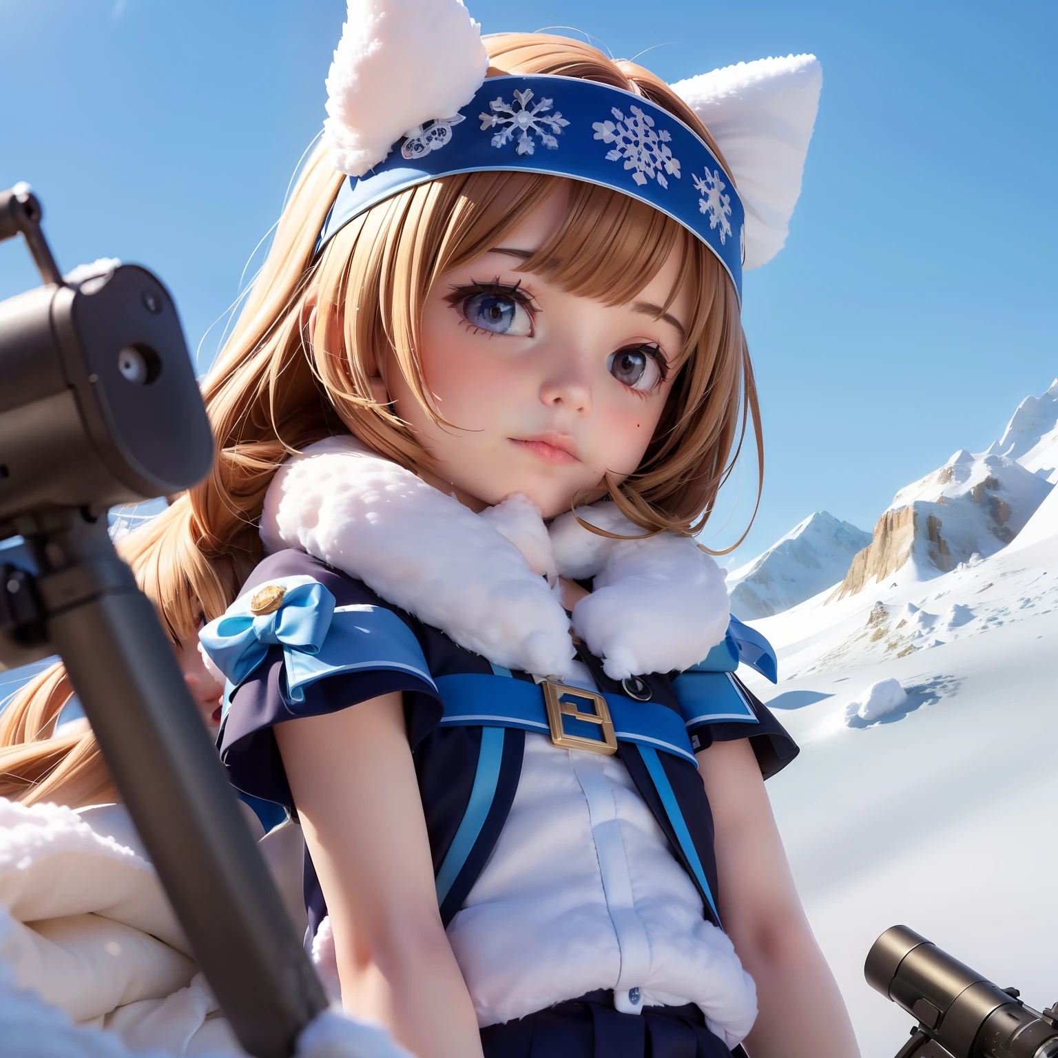 ((6year old girl:1.5)), 1 girl, loli, petite girl, complete anatomy, whole body, children's body, child, super cute, girl, little girl, beautiful girl, beautiful shining body, bangs,brown hair,high eyes,(aquamarine eyess), drooping eyes, petite,tall eyes, beautiful girl with fine details, Beautiful and delicate eyes, detailed face, Beautiful eyes, beautiful shining body, rifle, ((snowfield,snow scene)),(((wide Blue headband ))),(white fur ),(Sniper Stance),Ainu folk costume,(snow mountain blue sky:1.5), Random poses, bouncy hair, random angles, natural light,random angle,((realism: 1.2)), dynamic far view shot,cinematic lighting, perfect composition, by sumic.mic, ultra detailed, official art, masterpiece, (best quality:1.3), reflections, extremely detailed cg unity 8k wallpaper, detailed background, masterpiece, best quality, (masterpiece), (best quality:1.4), (ultra highres:1.2), (hyperrealistic:1.4), (photorealistic:1.2), best quality, high quality, highres, detail enhancement,ak-47,akm,kalashnikov_rifle,assault_rifle, holding_gun,