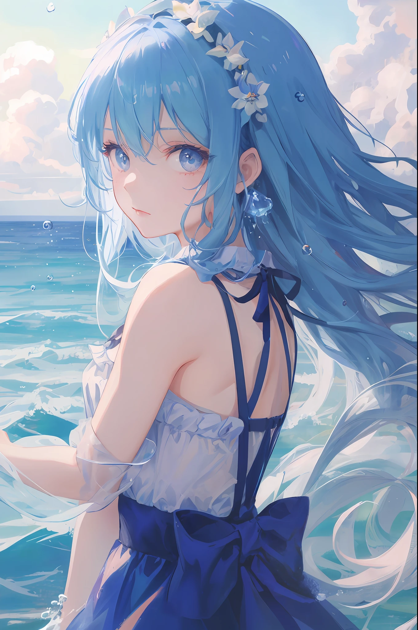 Cornflower, art by Dreamers
(A ite girl with beautiful eyes.) Beautiful light blue hair, light blue monochromatic dress, upper body, depth of field in the photo is perfect, lens flare added a nice touch. The fine features of his face really stood out, and the score in this photo was definitely over 10. In the background was a beautiful sea with crystal clear water and water droplets floating on the surface. It was really a stunning picture that captured the girl's beauty and water.),Accurate iris depiction,Gentle and lovingly trying to hug the viewer like a goddess,