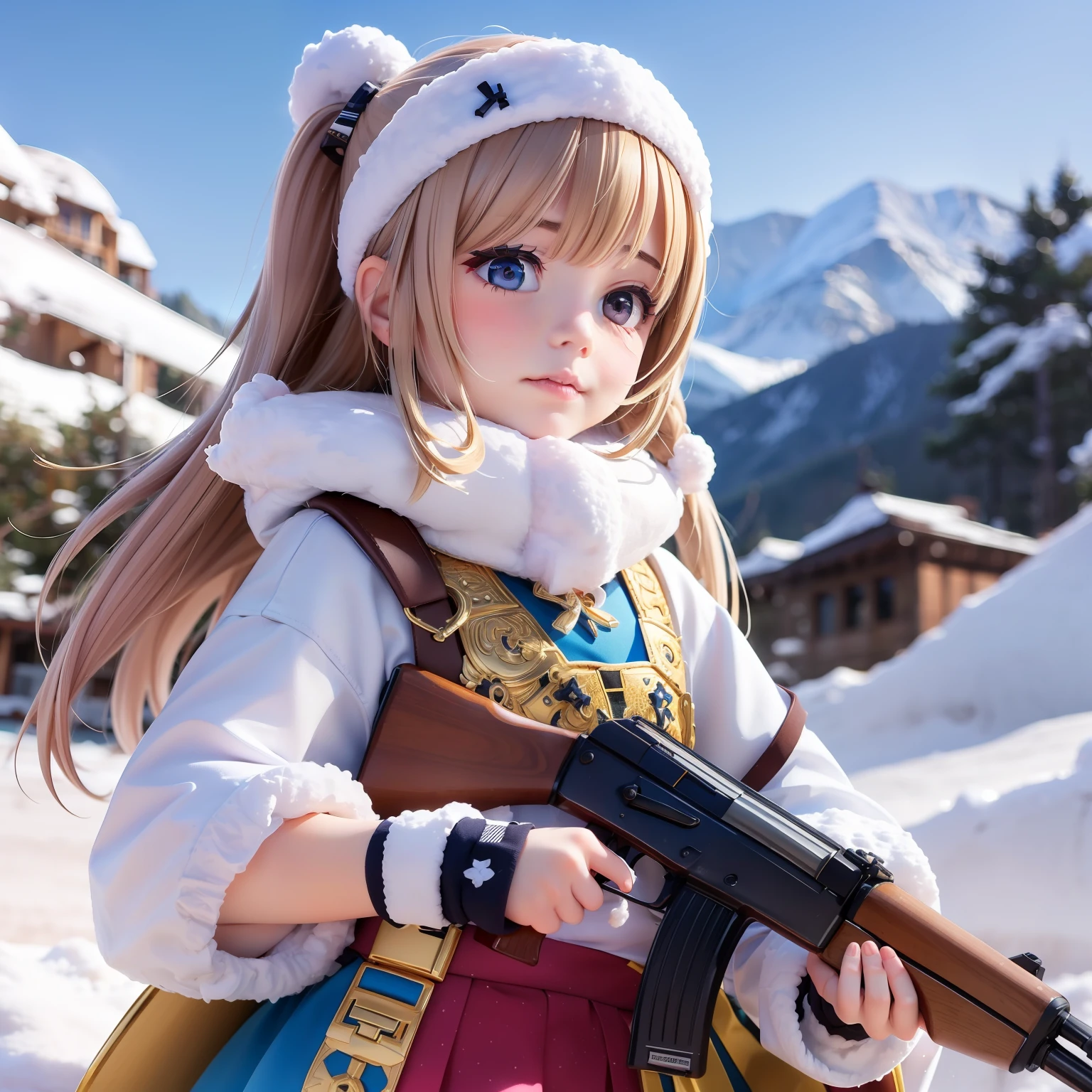 ((6year old girl:1.5)), 1 girl, , petite girl, complete anatomy, whole body, children's body, child, super cute, girl, littautiful girl, beautiful shining body, bangs,brown hair,high eyes,(aquamarine eyess), drooping eyes, petite,tall eyes, beautiful girl with fine details, Beautiful and delicate eyes, detailed face, Beautiful eyes, beautiful shining body, rifle, ((snowfield,snow scene)),(((wide Blue headband ))),(white fur ),(Sniper Stance),Ainu folk costume,(snow mountain blue sky:1.5), Random poses, bouncy hair, random angles, natural light,random angle,((realism: 1.2)), dynamic far view shot,cinematic lighting, perfect composition, by sumic.mic, ultra detailed, official art, masterpiece, (best quality:1.3), reflections, extremely detailed cg unity 8k wallpaper, detailed background, masterpiece, best quality, (masterpiece), (best quality:1.4), (ultra highres:1.2), (hyperrealistic:1.4), (photorealistic:1.2), best quality, high quality, highres, detail enhancement,ak-47,akm,kalashnikov_rifle,assault_rifle, holding_gun,