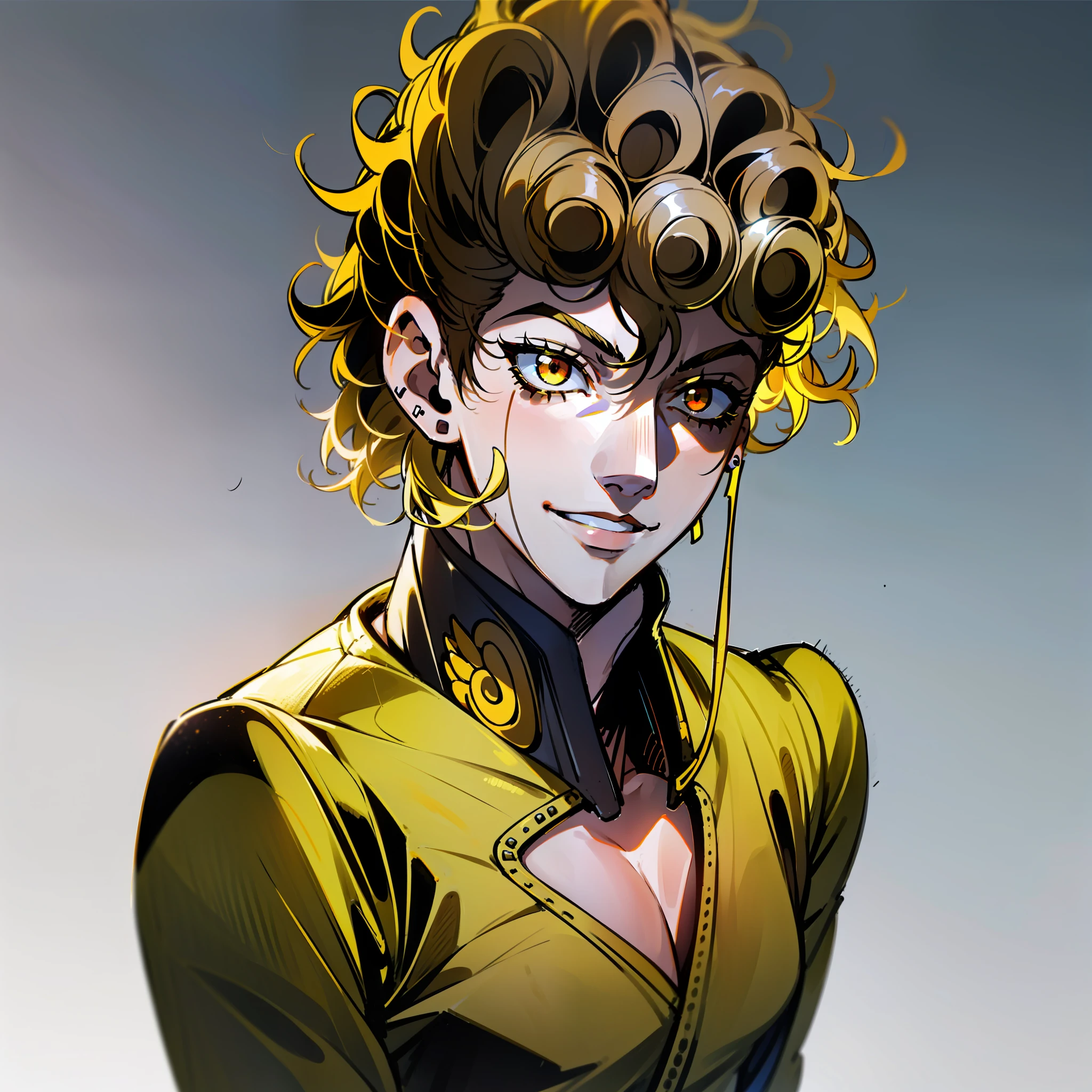 1 boy solo, close-up, determined eyes, black sweater, yellow pants with black belt, necklace around the neck, short black hair with white strands, curls, smile, red eyes, yellow sunglasses, (light facial features, detailed skin texture, beautiful face), white background, earrings, yellow leather, standing, masterpiece, top quality, best quality