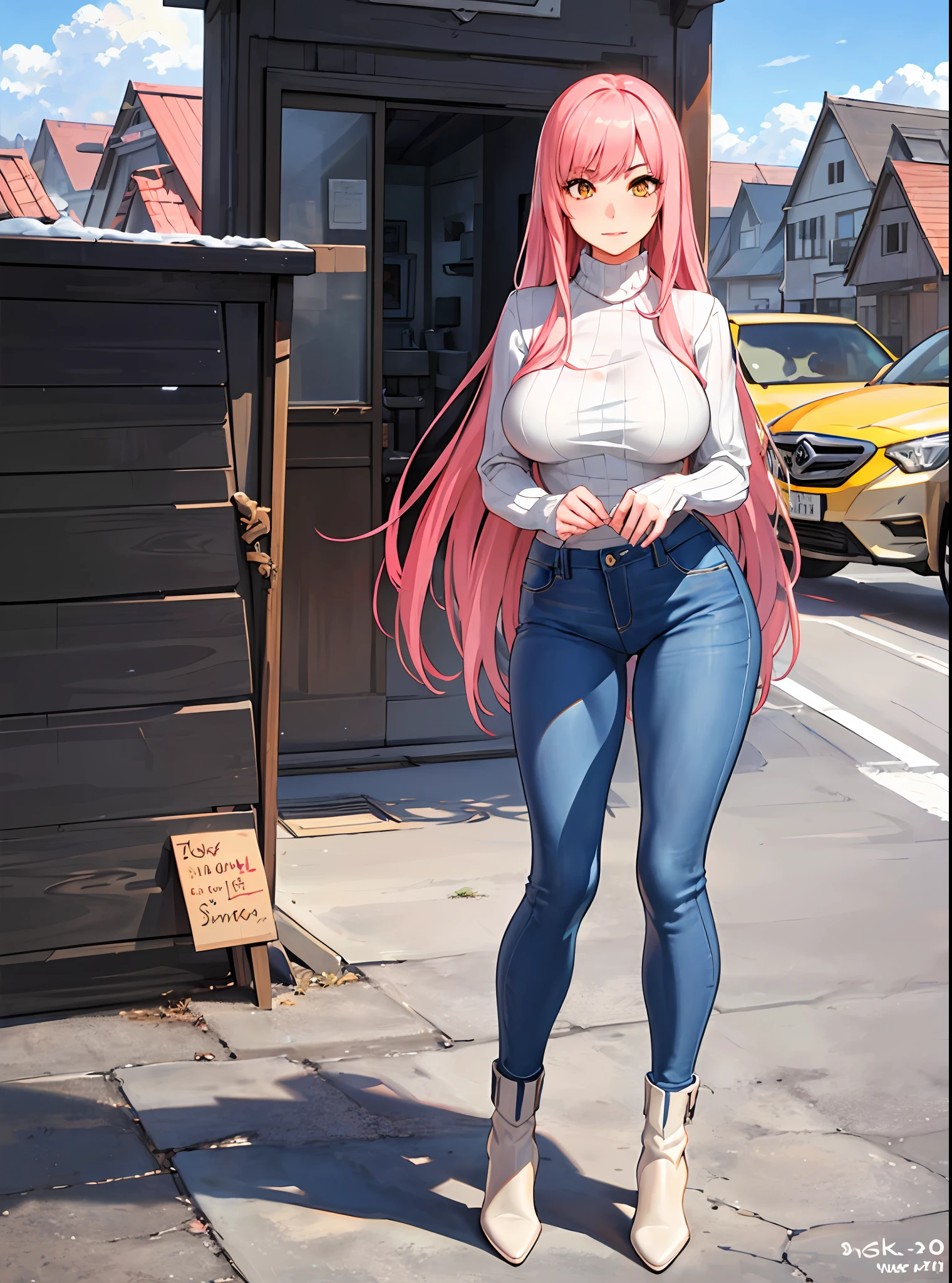 SFW (masterpiece, best quality,4k), ((solo:1.4)), ((1girl)), a beautiful young woman with pink hair (long hair), yellow eyes and pale skin. ((Huge breasts)), ((slim)), (slender), ((long legs)), blue skinny jeans (hugh-waisted jeans:1.2), white turtleneck sweater (long sleeves, pushup), boots, house, sidewalk, grass, suburbs, distant skyscrapers, sky, clouds, standing, good posture, content expression, confident expression, head-to-toe portrait, full body portrait, extremely detailed face, finely detailed face, beautiful face, beautiful eyes, extremely detailed eyes, finely detailed eyes, (realistic proportions), (good anatomy), (correct anatomy), (solo), (1girl)